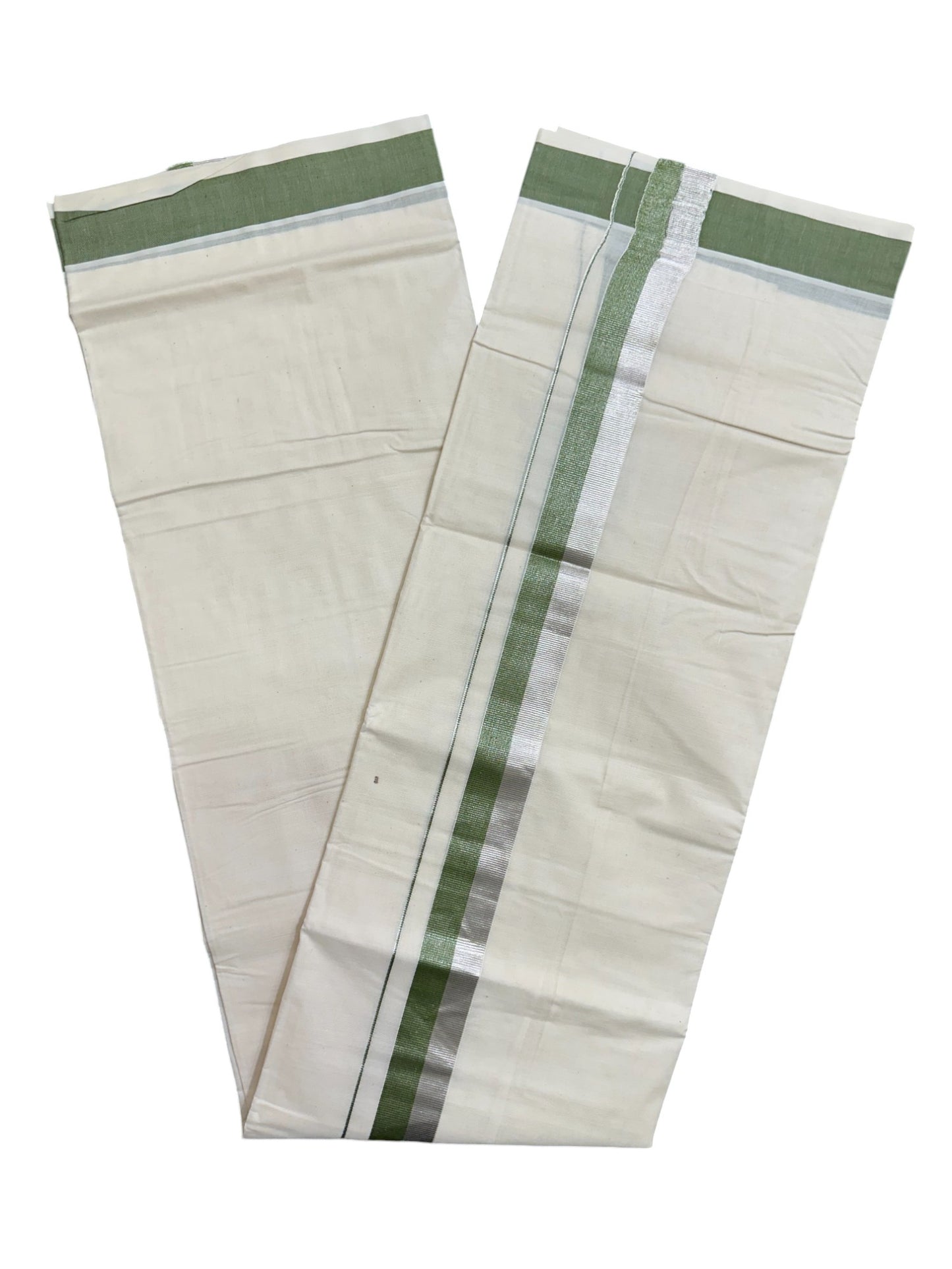 Kerala Pure Cotton Off White Double Mundu with Silver Kasavu And Green Kara (South Indian Kerala Dhoti)