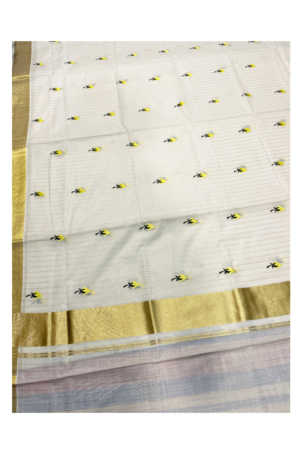 Kerala Cotton Kasavu Lines Saree with Yellow Floral Embroidery Works On Body