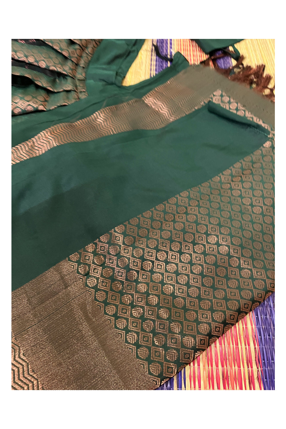Southloom Semi Stitched Semi Silk Dark Green Dhavani Set include Neriyathu and Blouse Piece