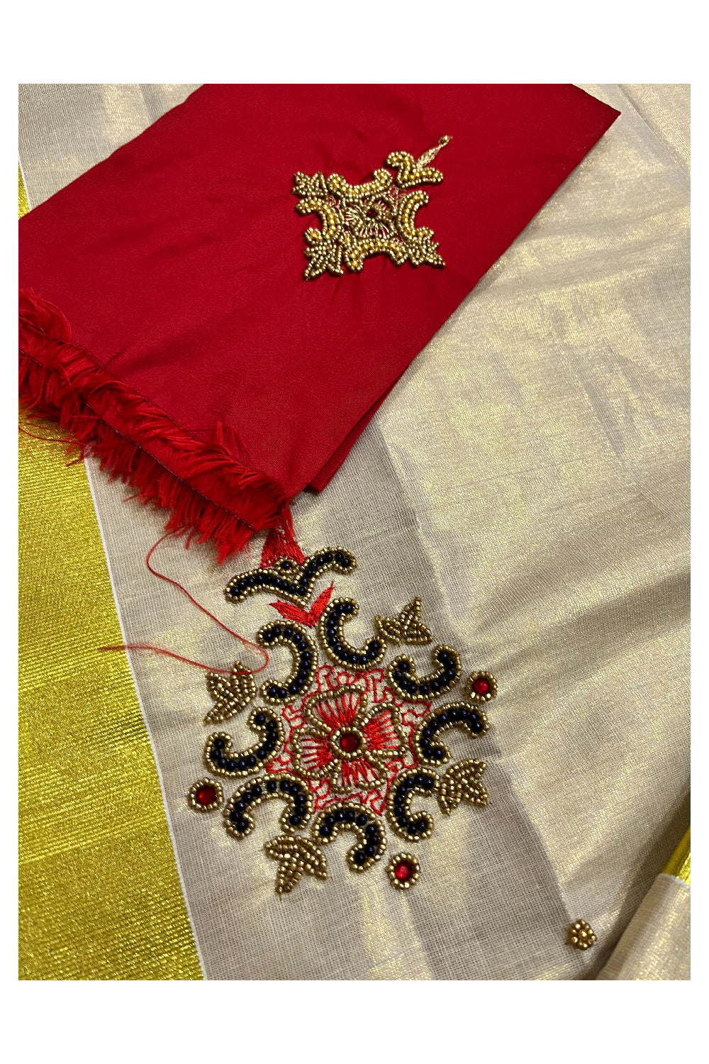 Kerala Tissue Kasavu Set Mundu (Mundum Neriyathum) with Bead Handwork Design and Red Blouse Piece - 2.80Mtrs (Vishu 2024 Collection)