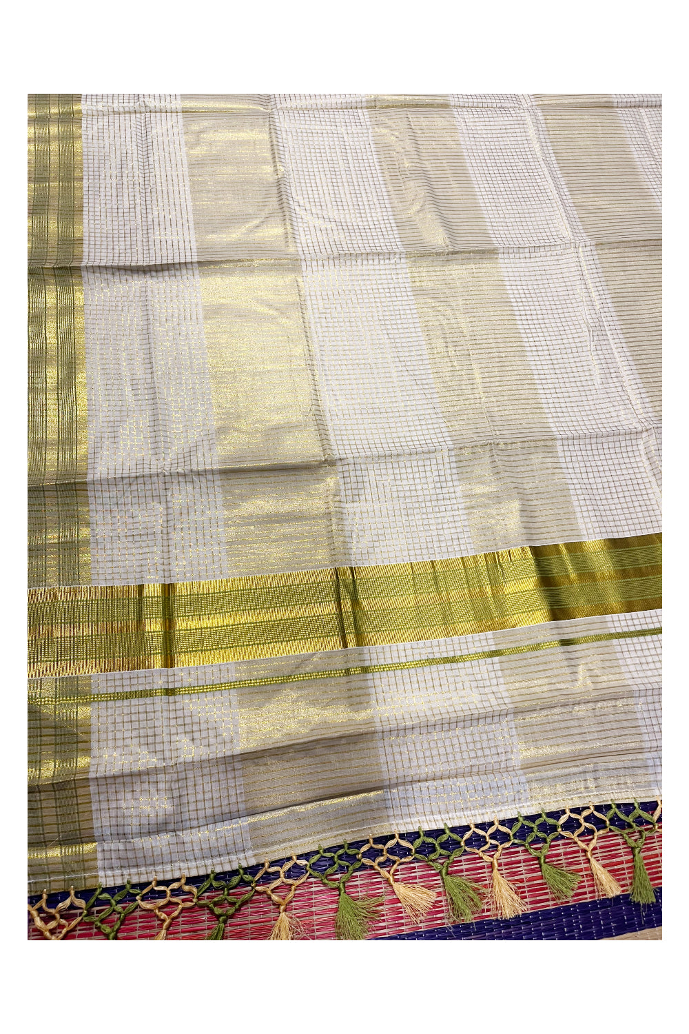 Pure Cotton Kerala Kasavu Check Saree with Green Border