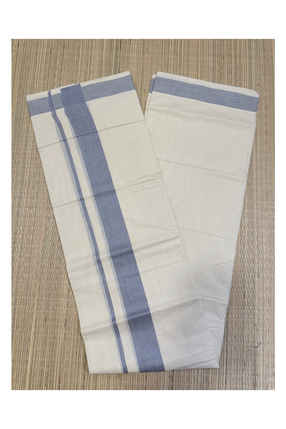 Off White Kerala Double Mundu with Blue Kara (South Indian Kerala Dhoti)