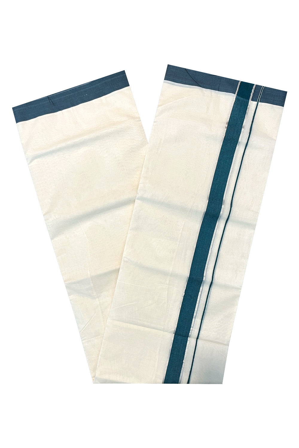 Pure Cotton Off White Kerala Double Mundu with Silver Kasavu and Green Border (South Indian Dhoti)