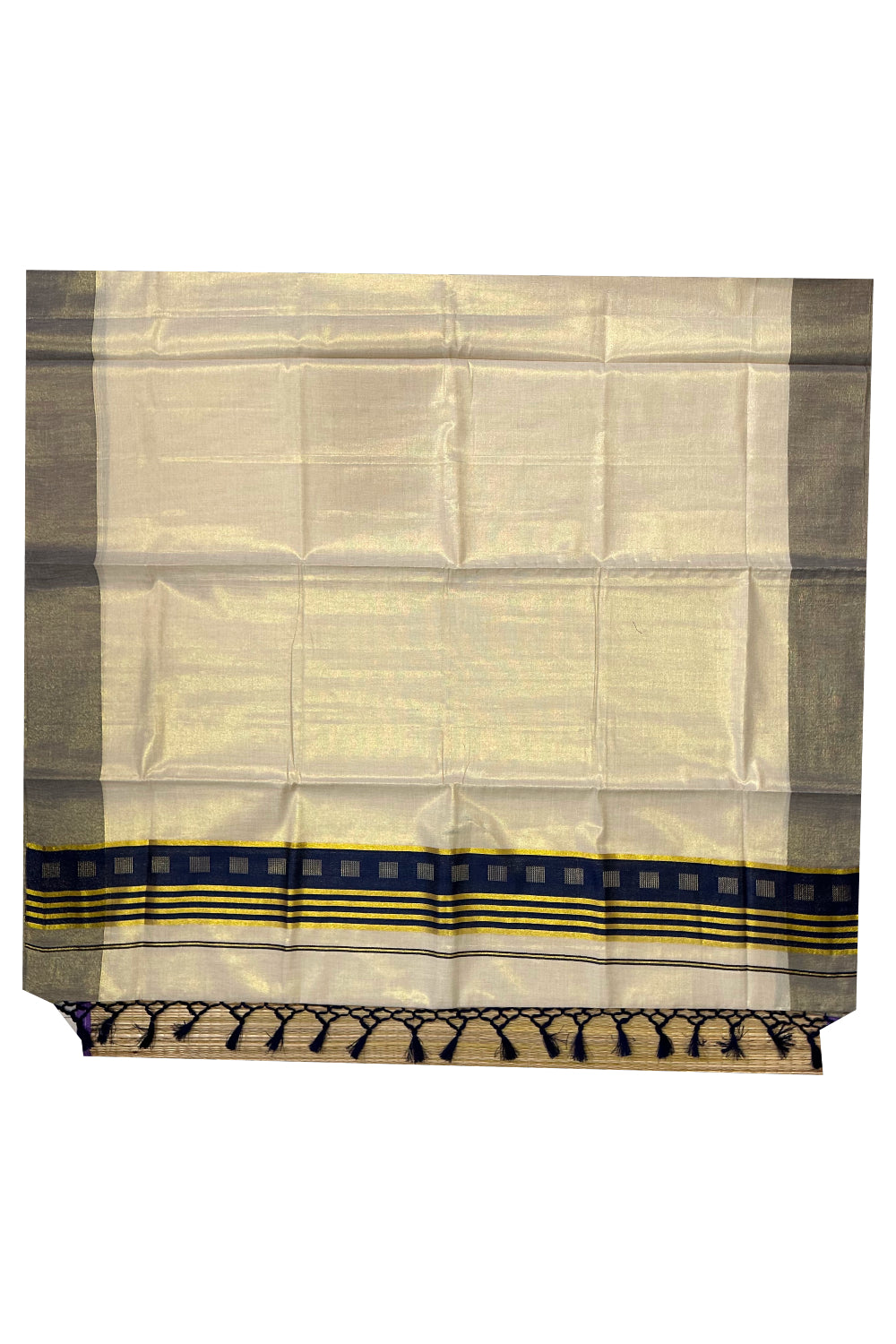 Kerala Tissue Saree with Kasavu Navy Blue Border and Tassels Works on Pallu (Onam Saree 2023)