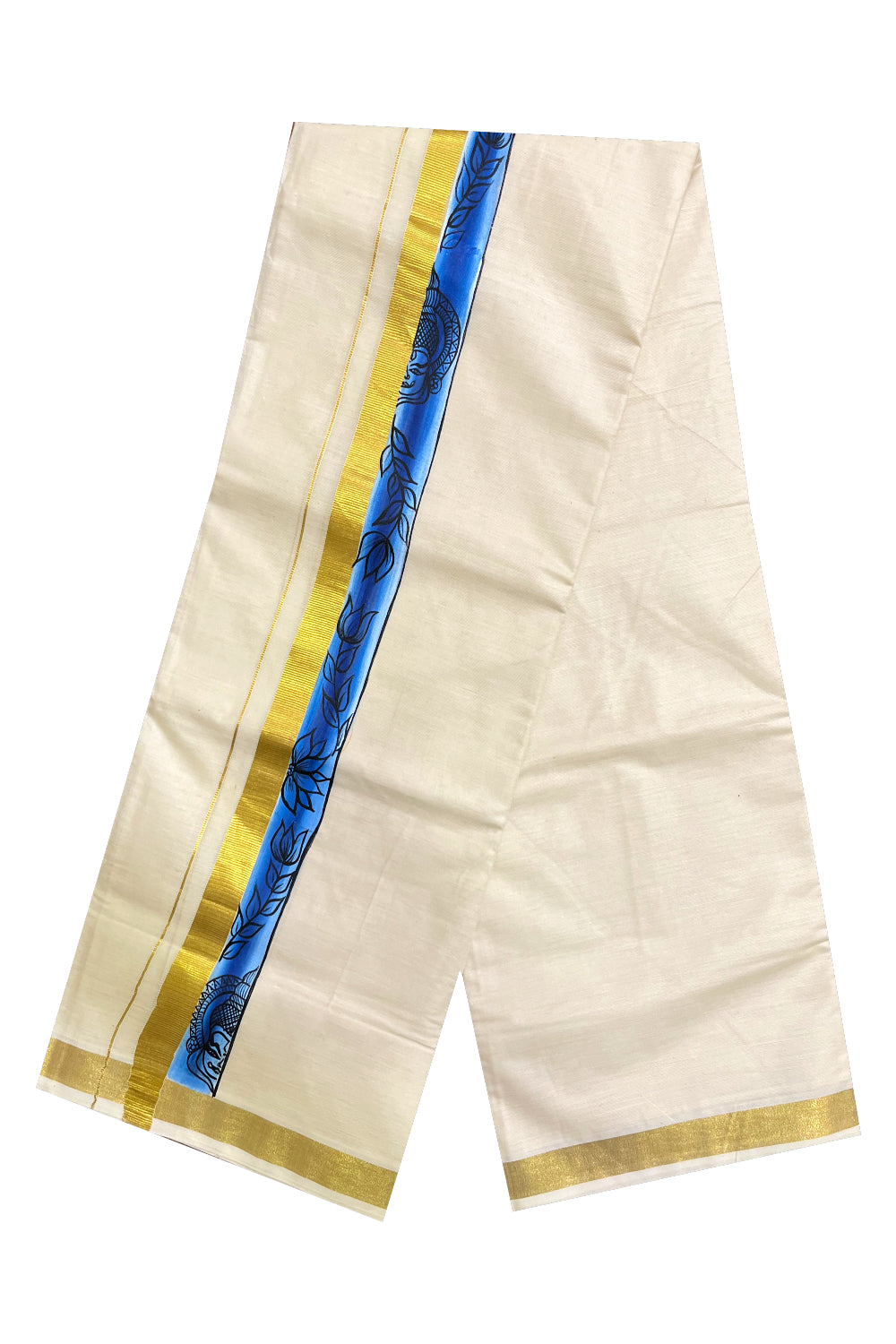 Kerala Pure Cotton Double Mundu with Hand Painted Designs on Kasavu Border(South Indian Kerala Dhoti)