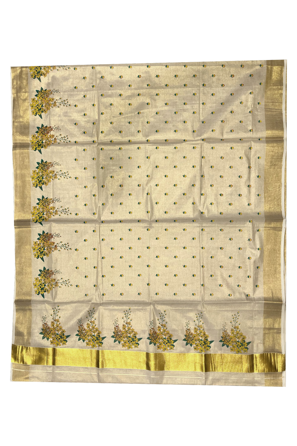 Kerala Tissue Kasavu Saree with Konna Poovu Block Printed Designs (Vishu 2024 Collection)