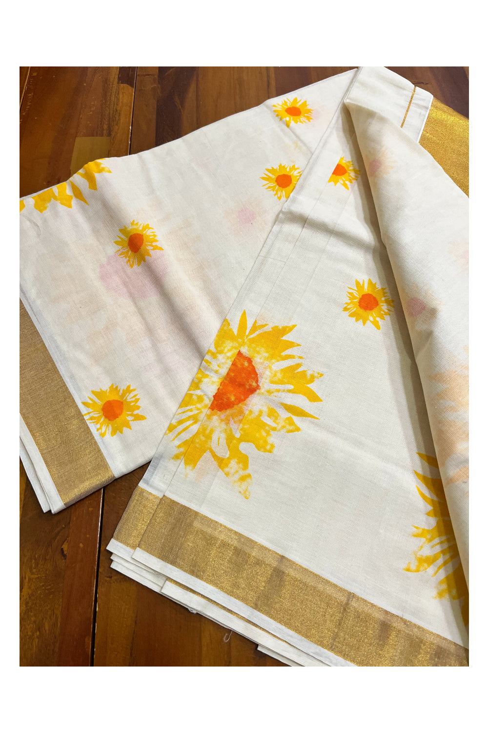 Pure Cotton Kerala Kasavu Saree with Yellow Floral Prints on Body (Vishu 2024 Collection)