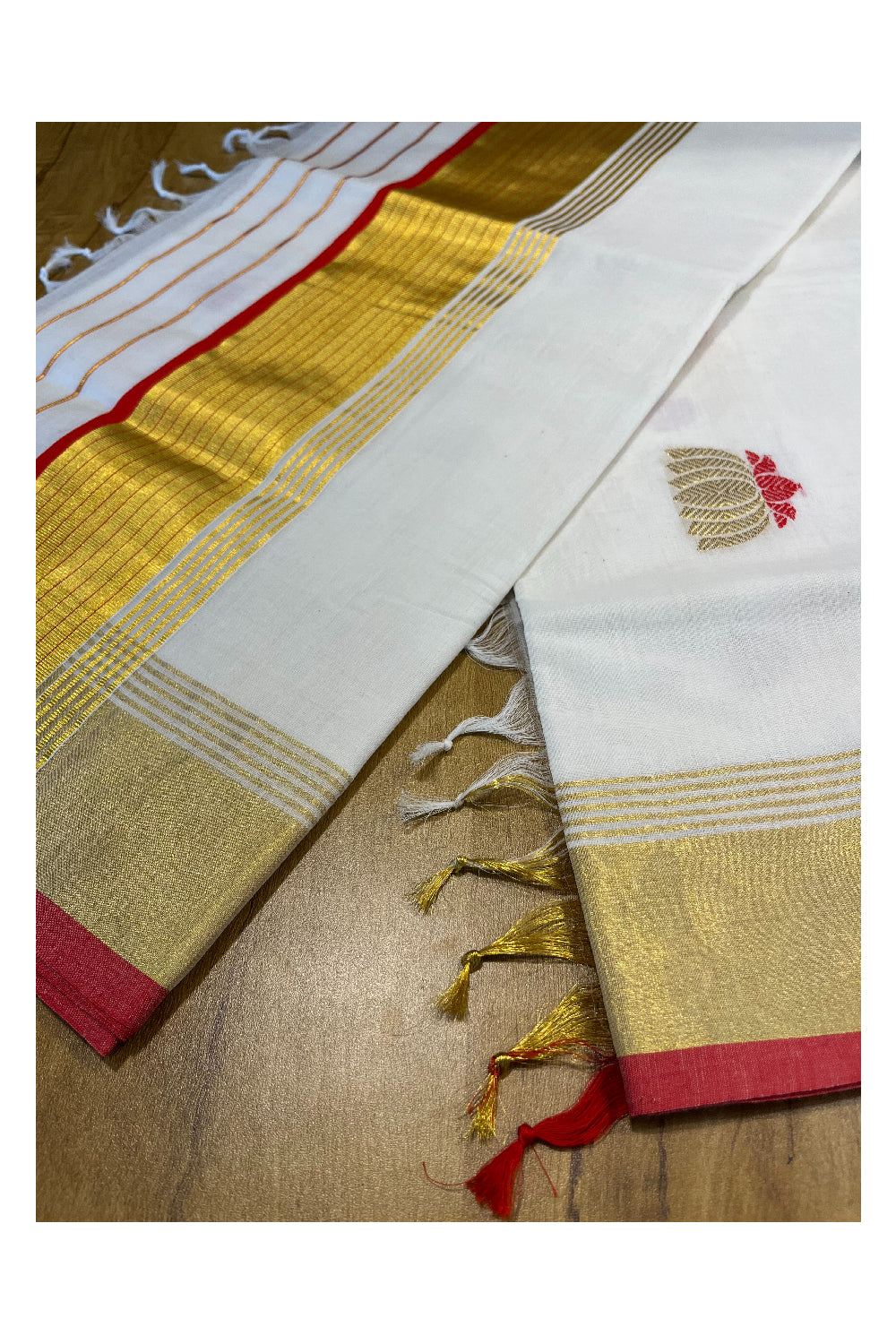 Southloom™ Premium Handloom Cotton Kasavu Saree with Handwoven Gold and Red Lotus Designs