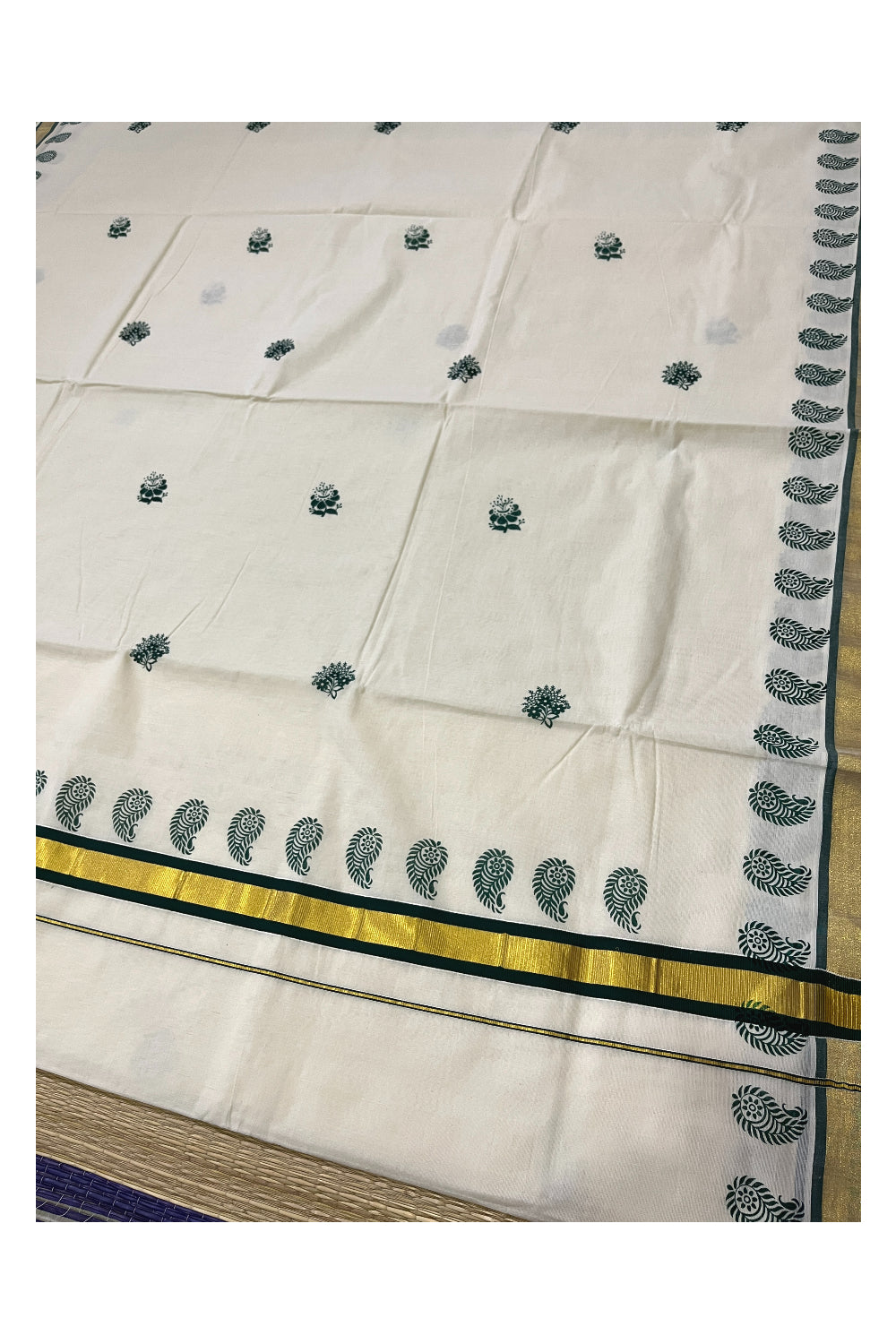 Pure Cotton Kerala Kasavu Saree with Green Floral Block Printed Design