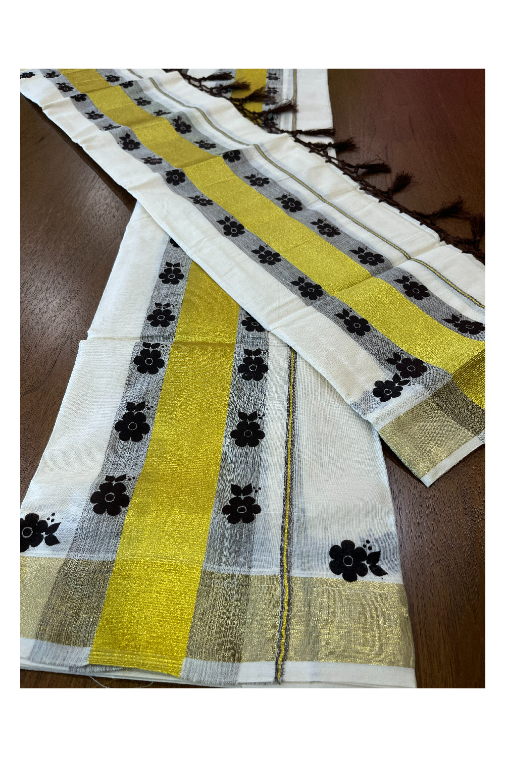 Cotton Single Set Mundu (Mundu Neriyathum) with Brown Block Prints and Kasavu Border