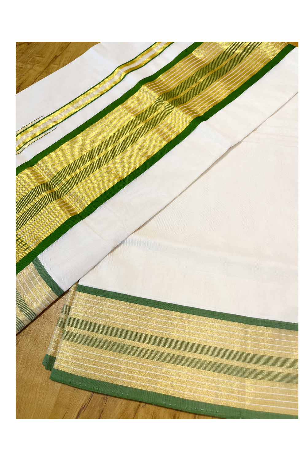 Southloom Premium Handloom Cotton Saree with Kasavu and Green Border