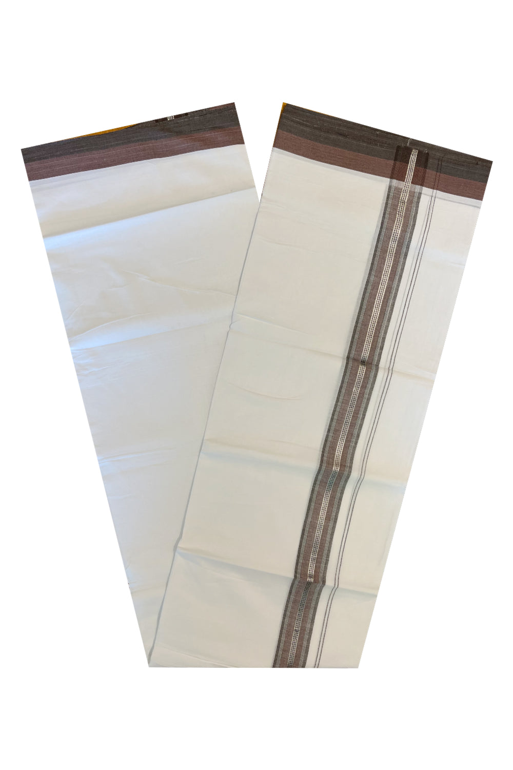 Pure White Cotton Double Mundu with Silver Black And Brown Border (South Indian Dhoti)