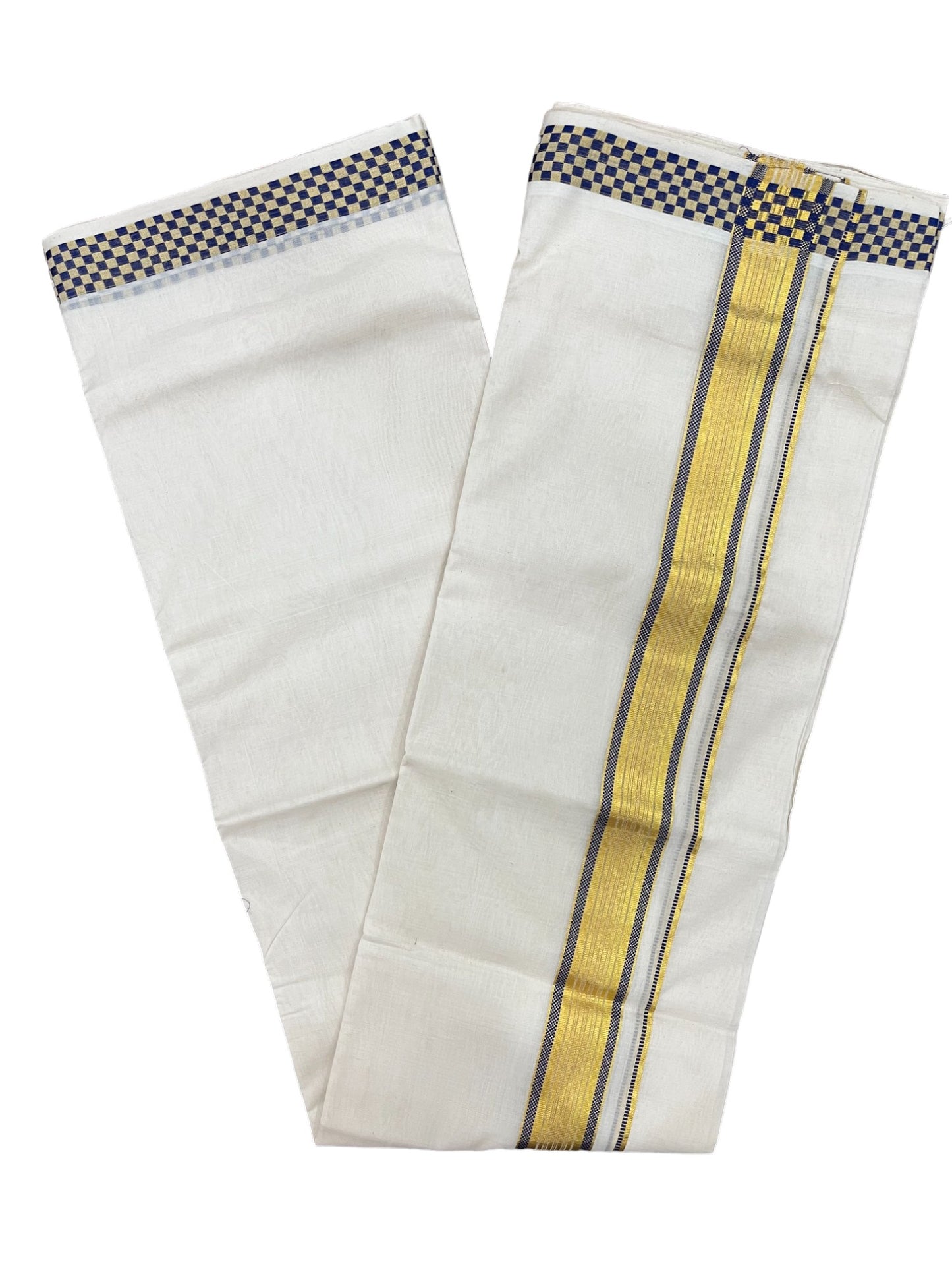 Premium Balaramapuram Handloom Unakkupaavu Cotton Double Mundu with Kasavu and Blue Paa Neythu Border (Onam 2024 Collection)