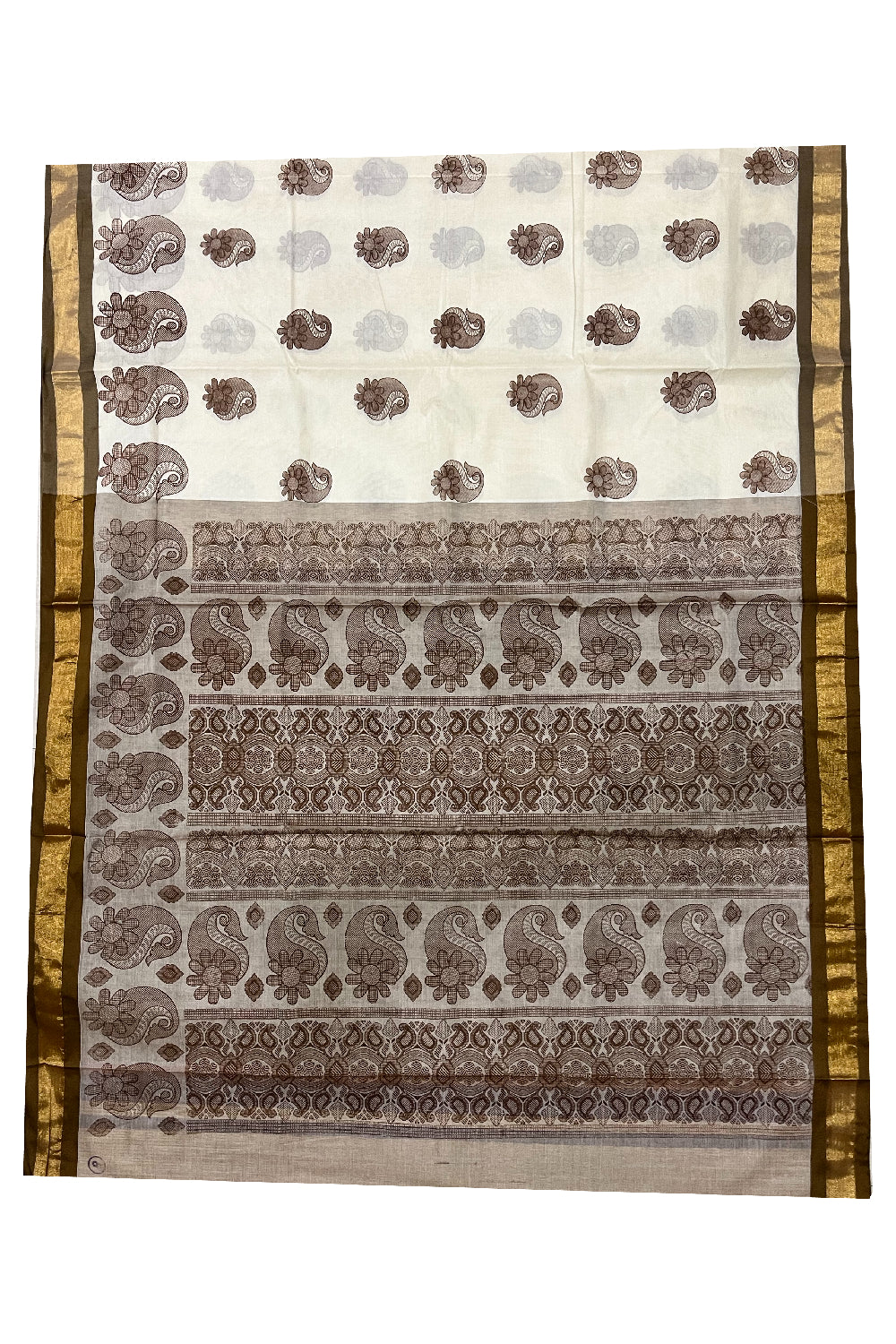 Pure Cotton Kerala Saree with Brown Block Prints and Kasavu Border (Vishu 2024 Collection)