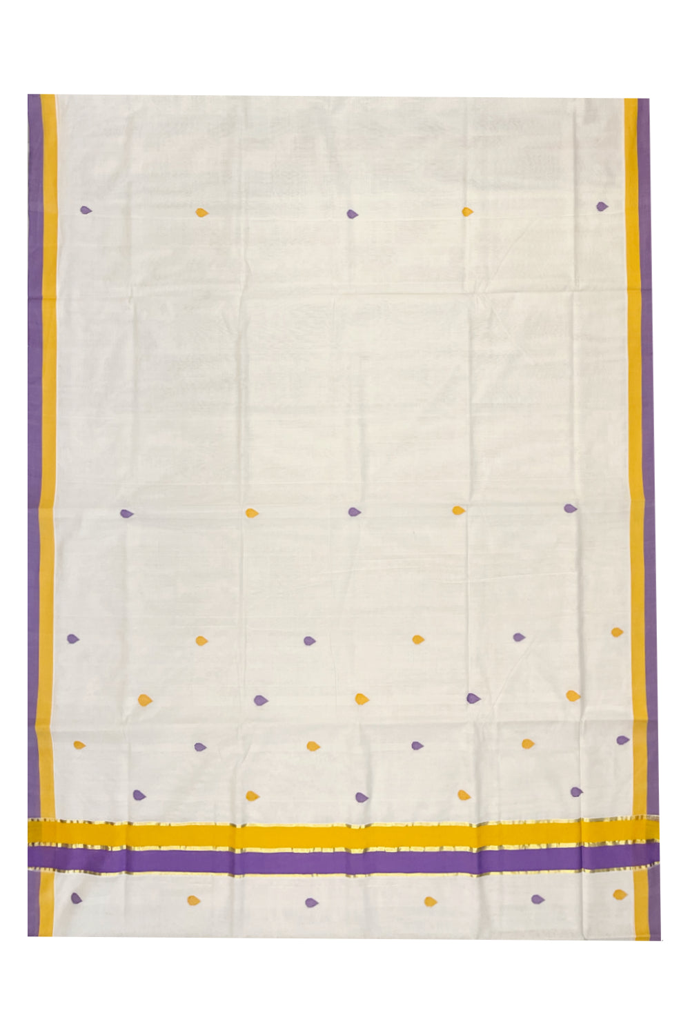 Southloom Premium Balaramapuram Unakkupaavu Handloom Cotton Butta Saree with Yellow,Lavender and Kasavu Border