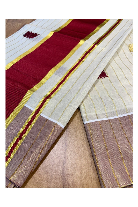 Kerala Tissue Kasavu Lines Saree with Maroon And Golden Lotus Embroidery Works