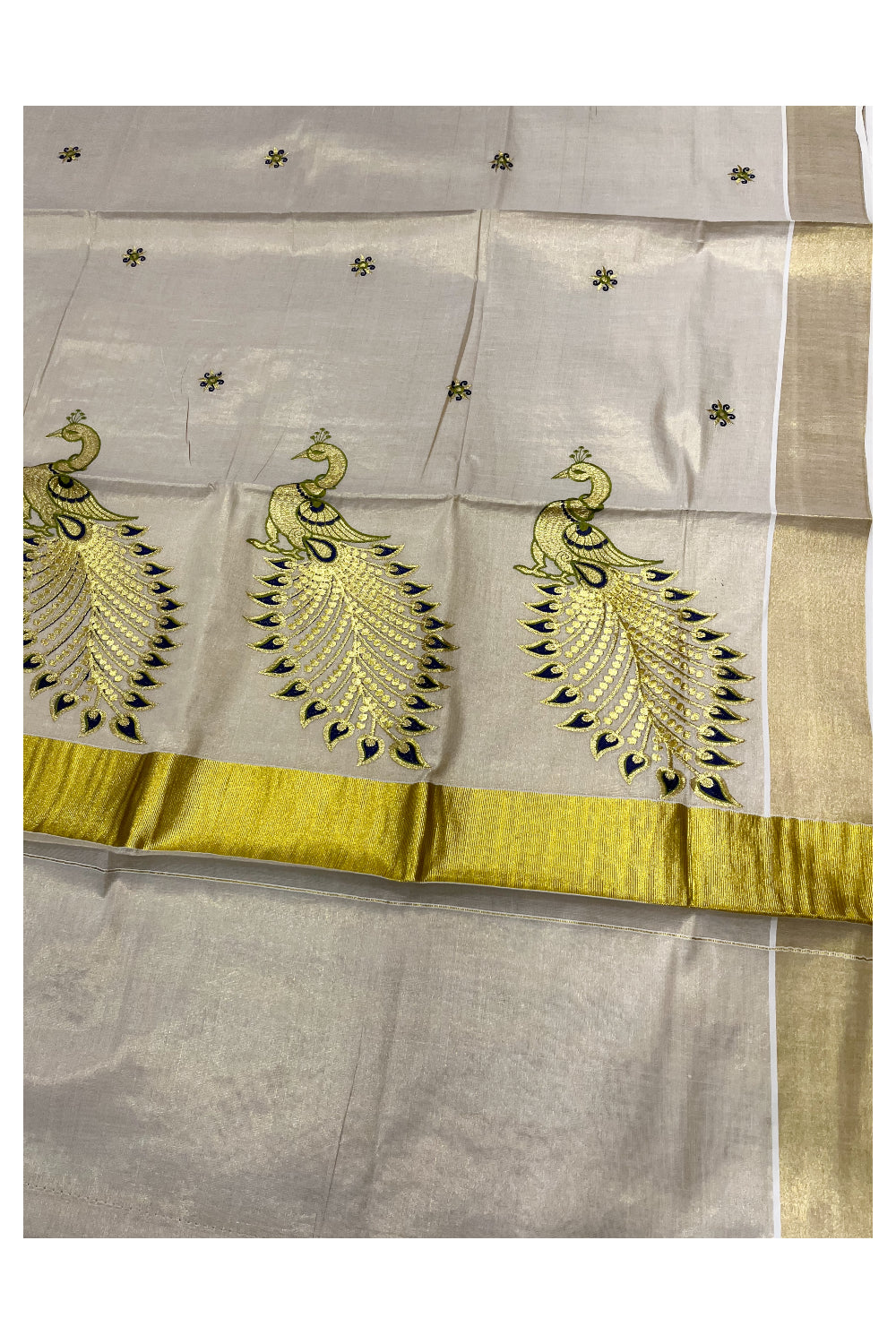 Kerala Tissue Dark Blue and Golden Peacock Embroidery Work Kasavu Saree (Vishu 2024 Collection)