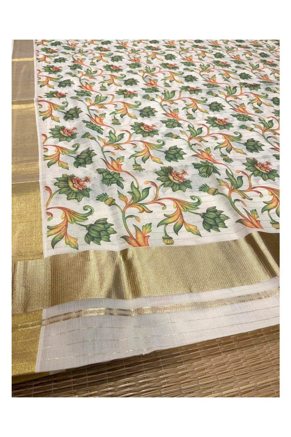 Kerala Cotton Kasavu Lines Saree with Green Floral Kalamkari Design