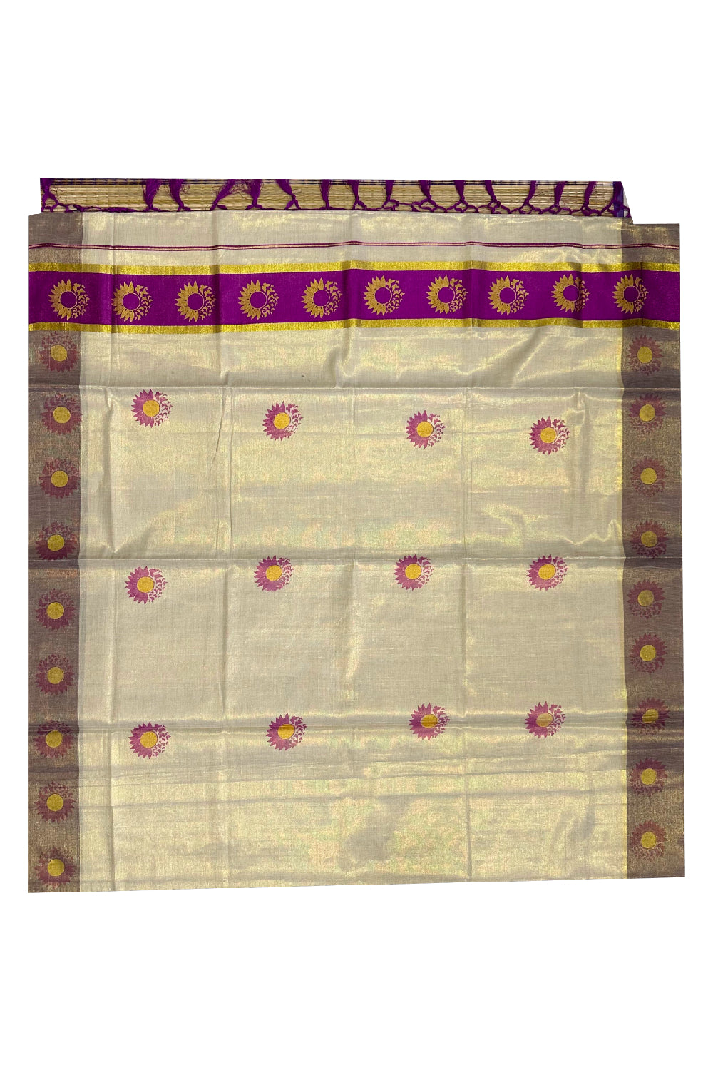 Kerala Tissue Kasavu Saree with Magenta and Golden Block Prints on Border (Onam Saree 2023)