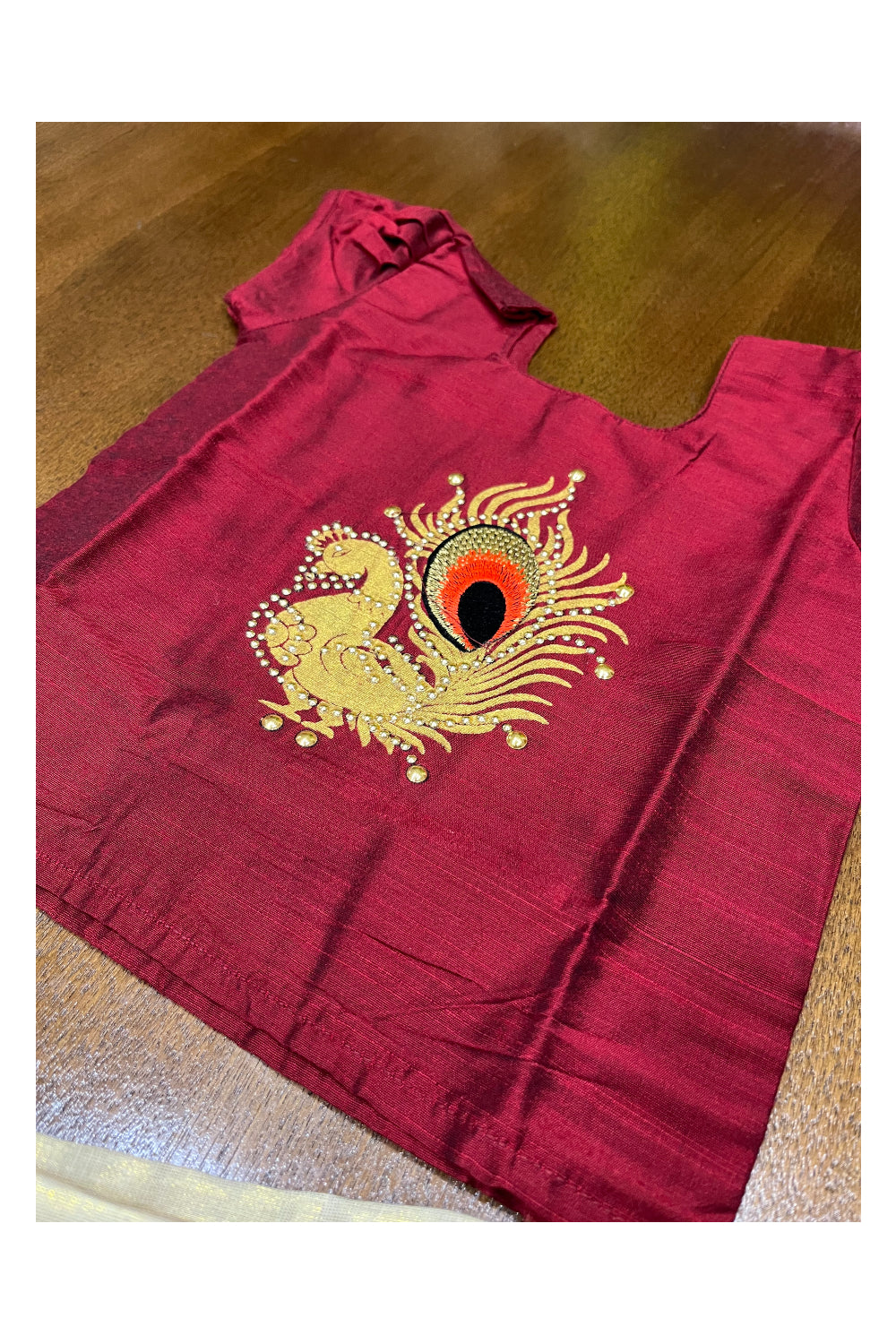 Southloom Kerala Pavada Blouse with Maroon Peacock Bead Work Design (Age - 2 Year)