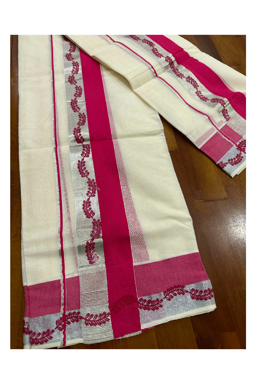 Kerala Cotton Single Set Mundu (Mundum Neriyathum) with Bright Magenta Block Prints and Silver Kasavu Border 2.80 Mtrs