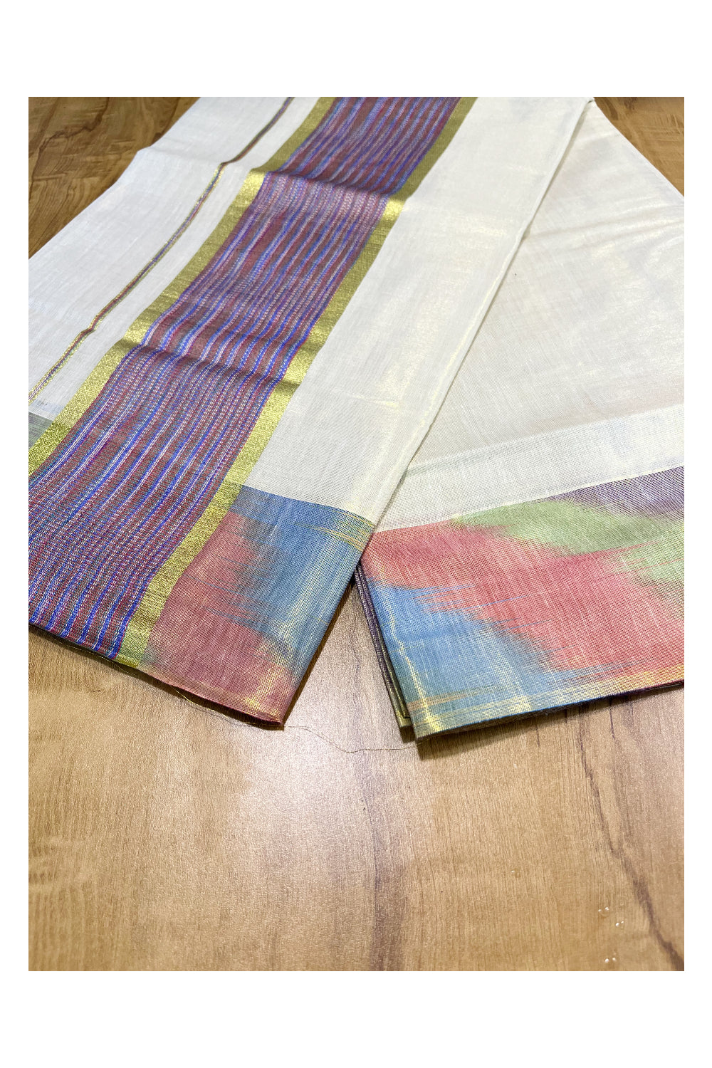 Southloom Kerala Tissue Kasavu Saree with Multi Colour Pochampally Design on Borders and Kara