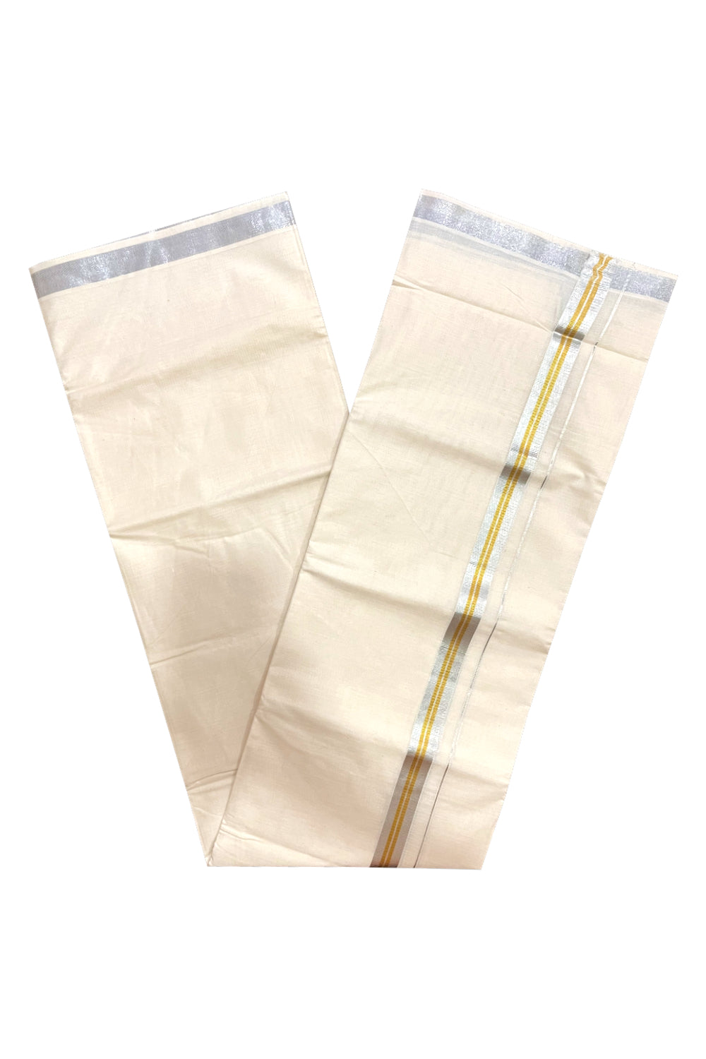 Pure Cotton Double Mundu with Golden and Silver Kasavu Kara (South Indian Kerala Dhoti)