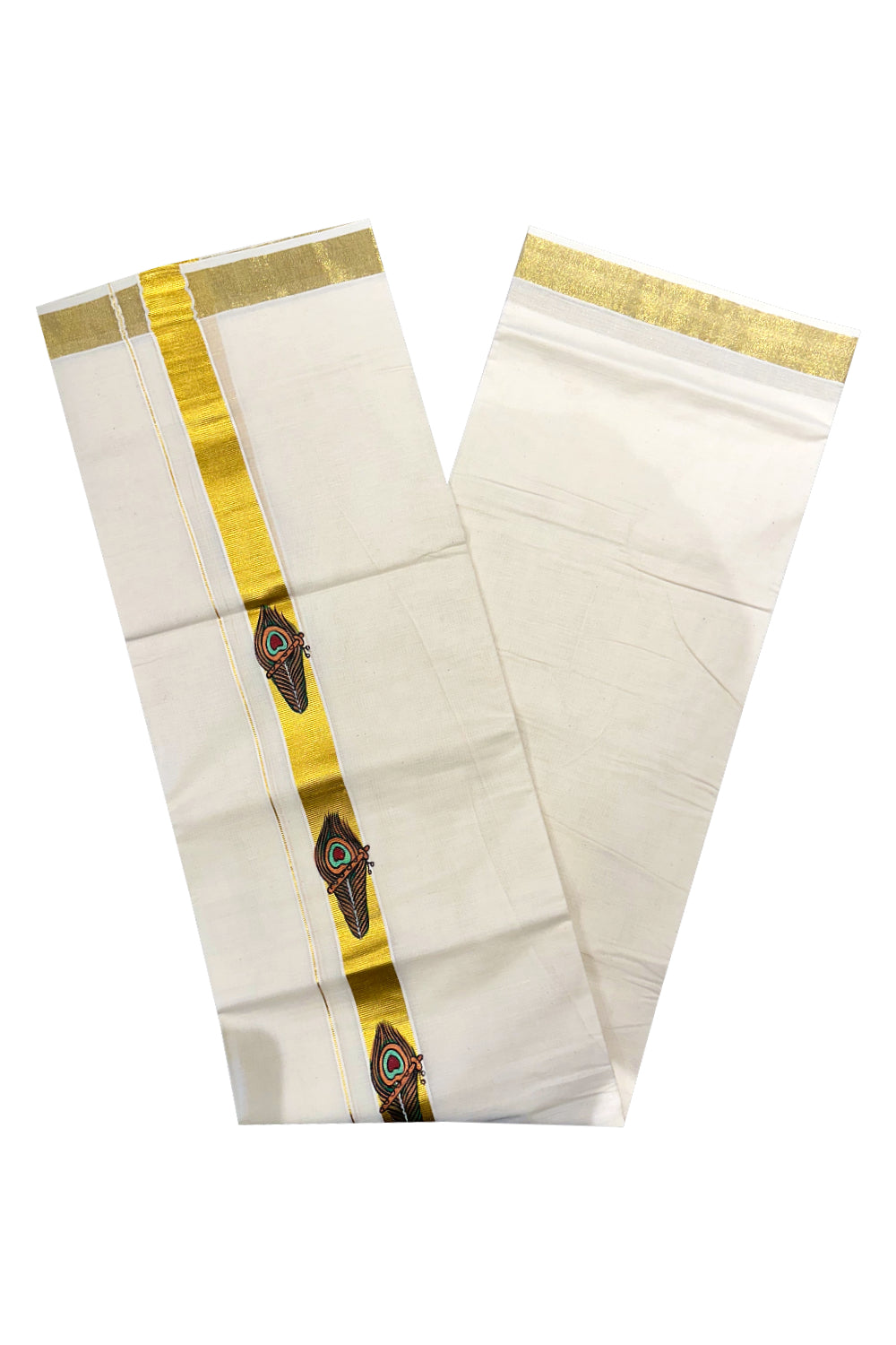 Off White Pure Cotton Double Mundu with Feather Mural Painted Design on Kasavu Kara (South Indian Dhoti)