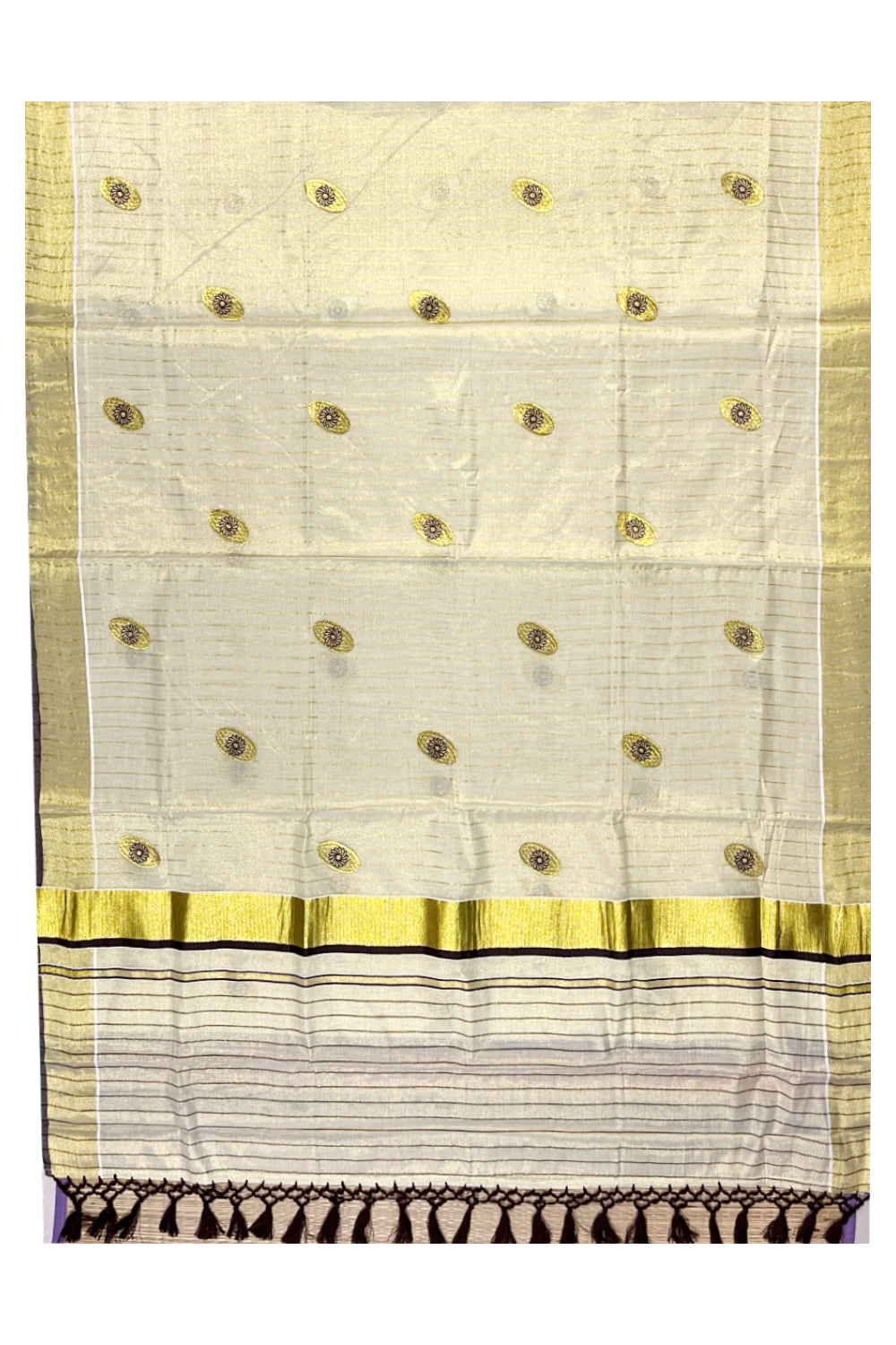 Southlooom Kerala Tissue Kasavu Lines Brown Colour Saree with Heavy Woven Designs