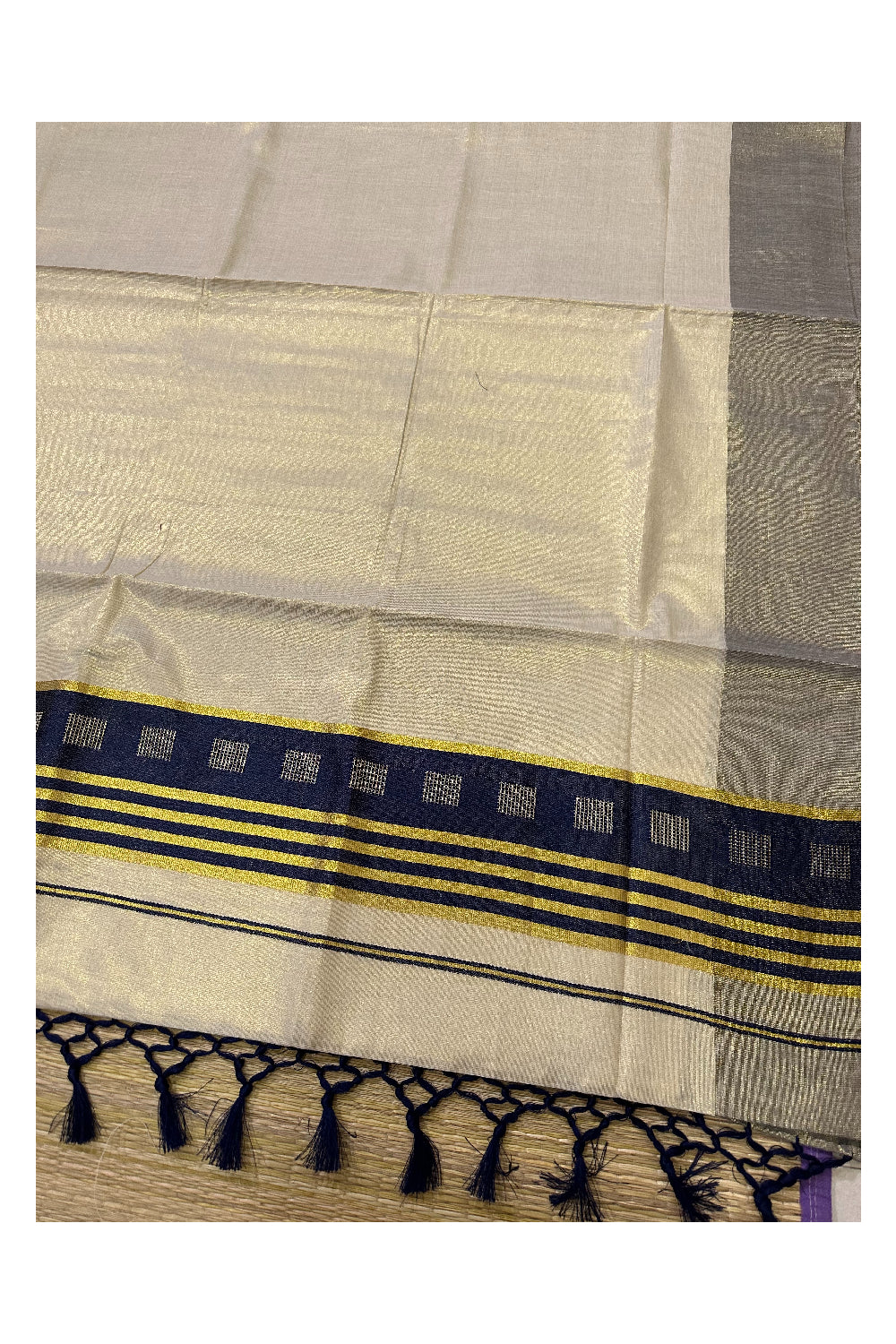 Kerala Tissue Saree with Kasavu Navy Blue Border and Tassels Works on Pallu (Onam Saree 2023)