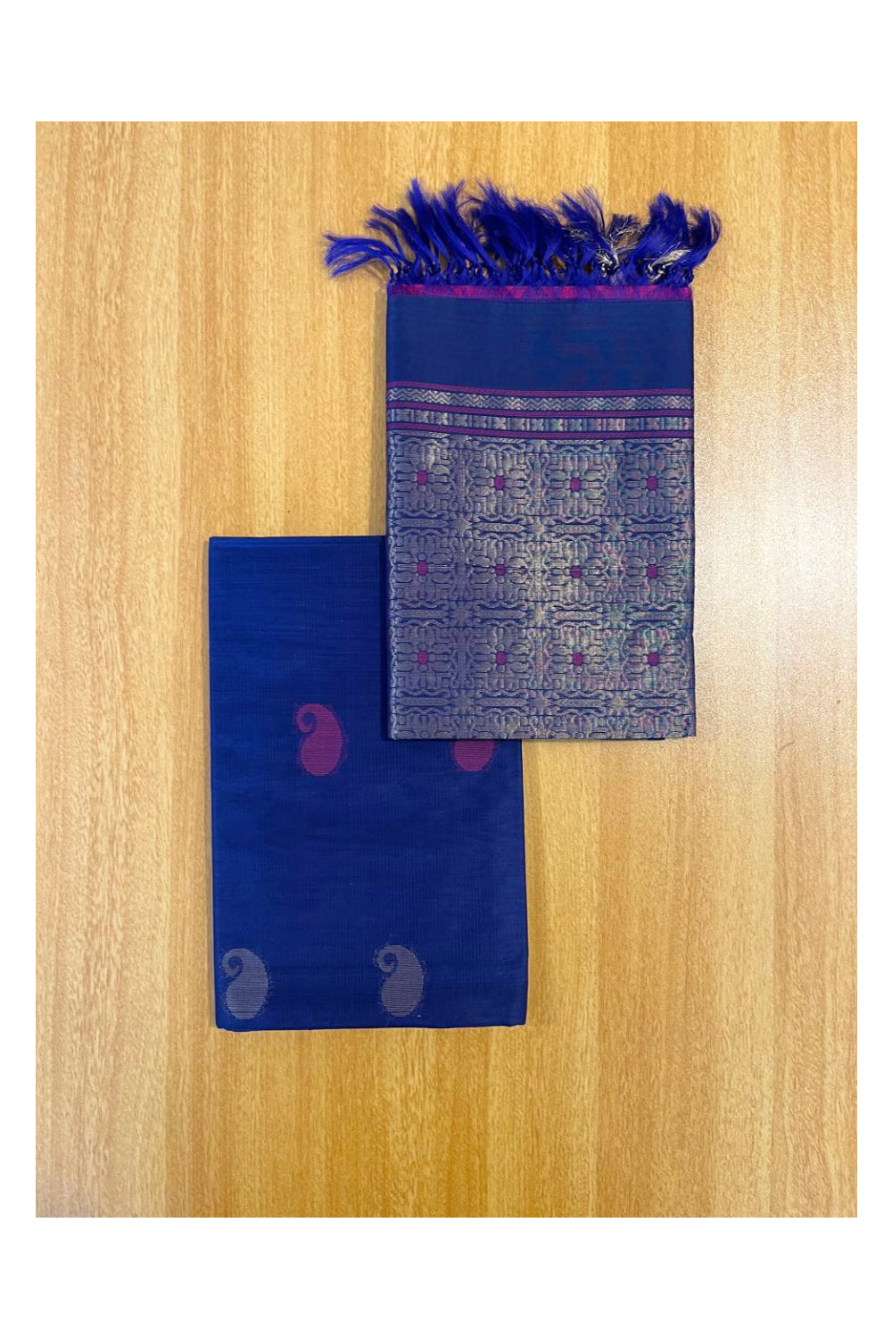 Southloom™ Original Handloom Cotton Pure Silk 3 Piece Blue and Pink Salwar Material with Woven Zari Butta Work