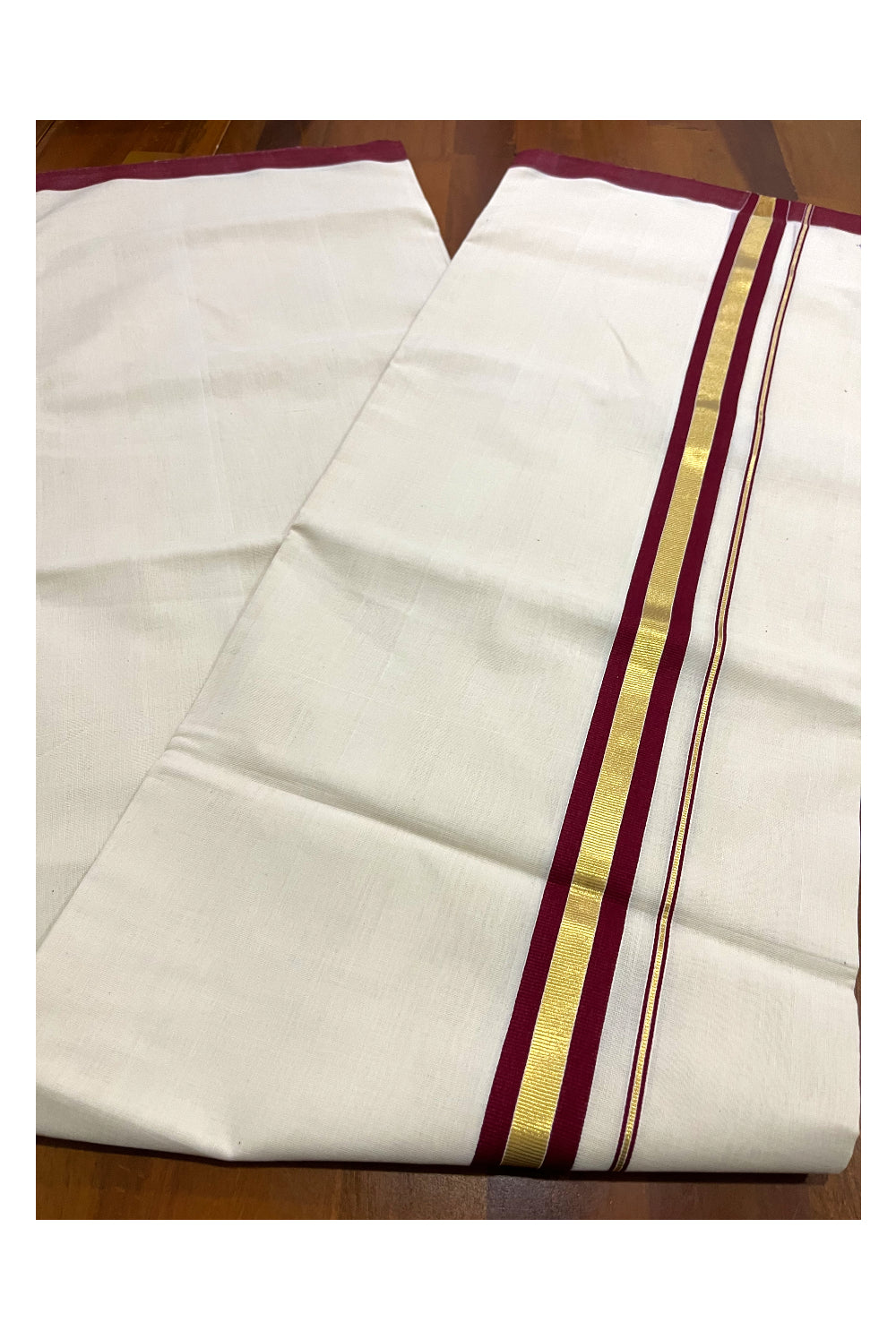 Premium Balaramapuram Unakkupaavu Handloom 10 Muzham Mundu with Kasavu and Maroon Border (South Indian Kerala Dhoti)