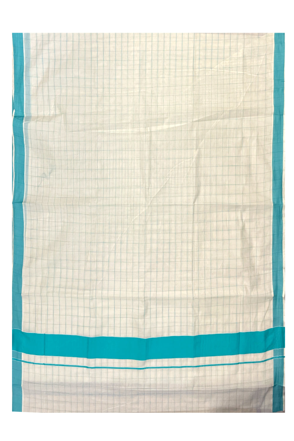 Pure Cotton Kerala Saree with Blue Check Designs Across Body