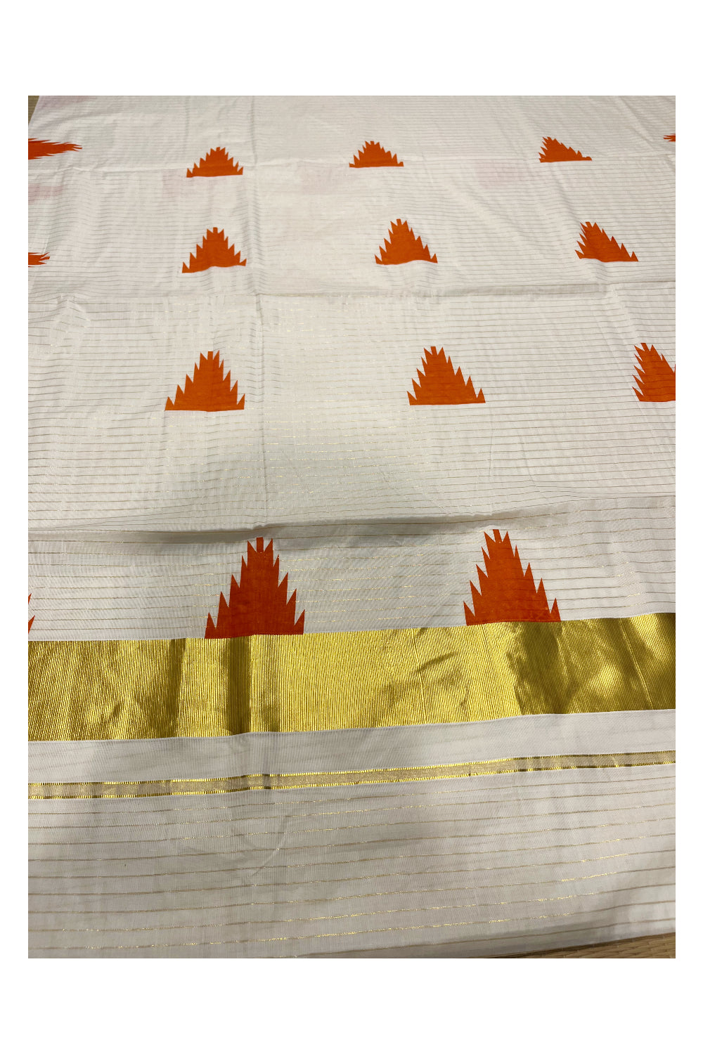 Kerala Cotton Kasavu Lines Saree With Orange Temple Prints on Border