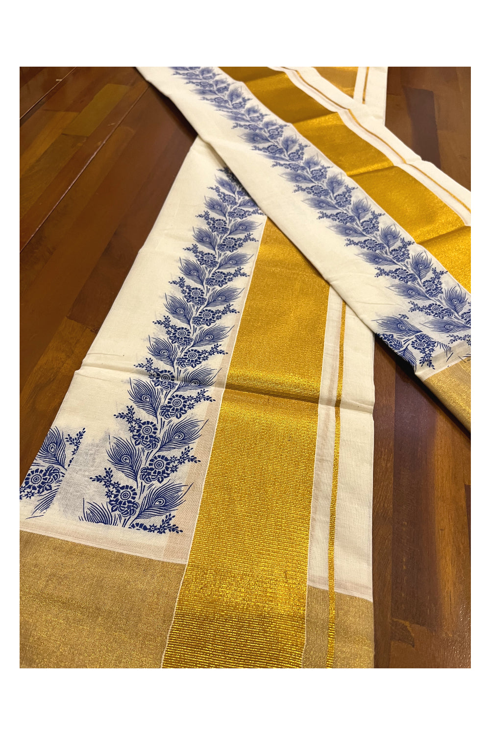 Pure Cotton Kerala Single Set Mundu (Mundum Neriyathum) with Blue Block Printed Kasavu Border (Onam 2023 Set Mundu)