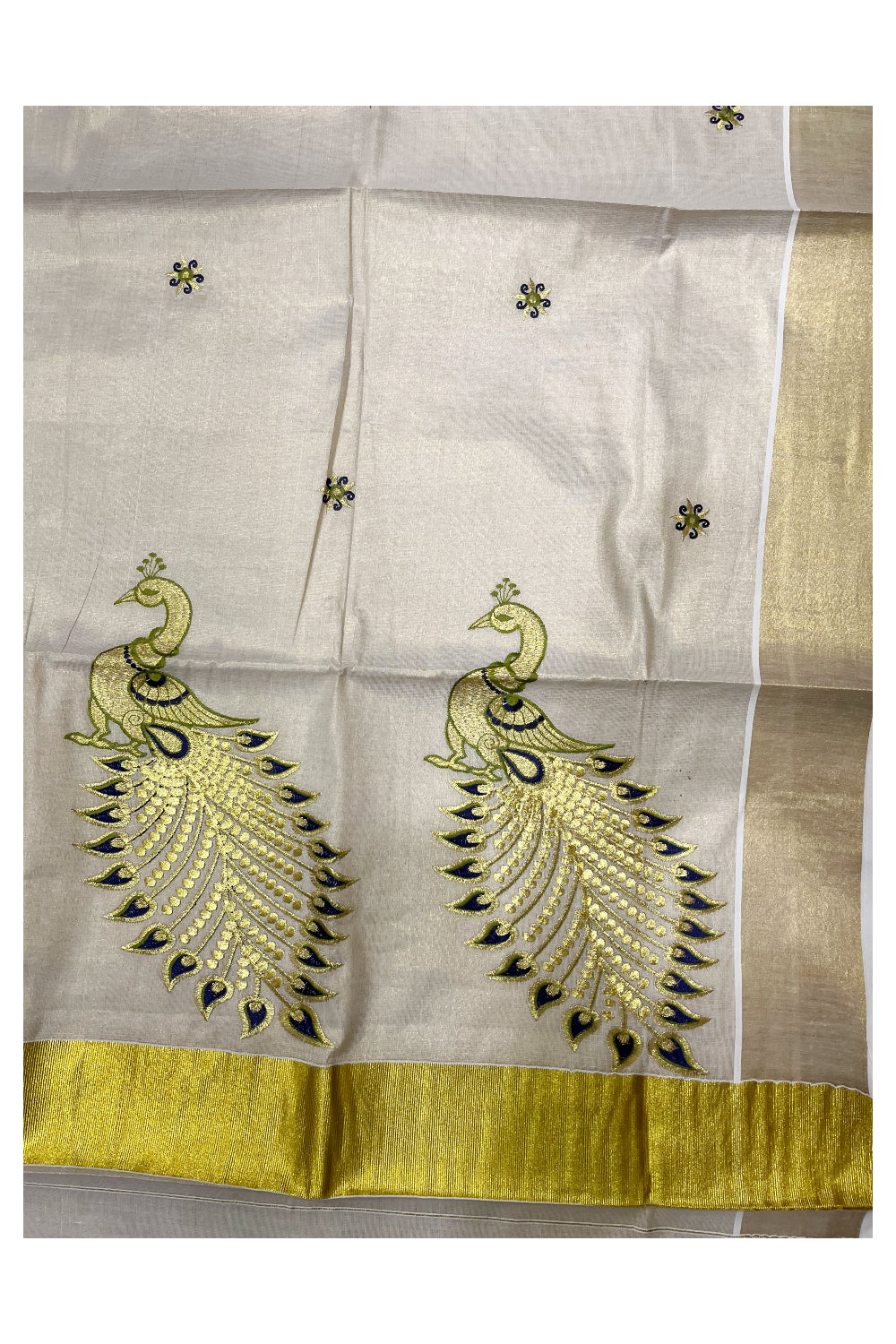 Kerala Tissue Dark Blue and Golden Peacock Embroidery Work Kasavu Saree (Vishu 2024 Collection)