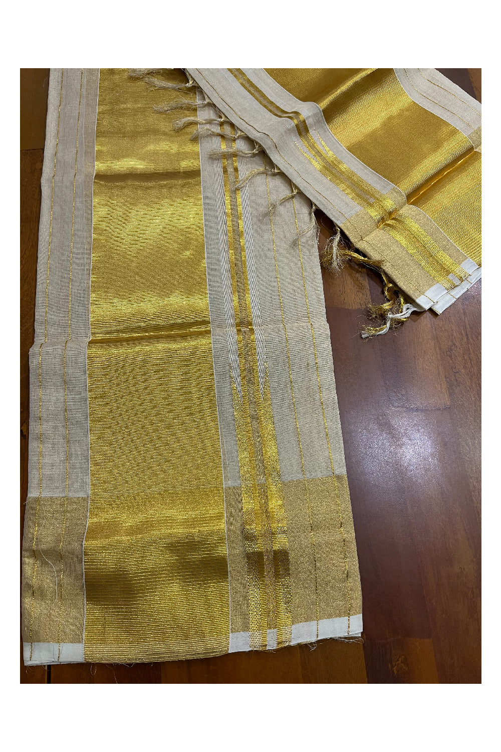 Southloom Handloom Tissue Premium Single Set Mundu with Kasavu Lines Across Body (2.80Mtrs)