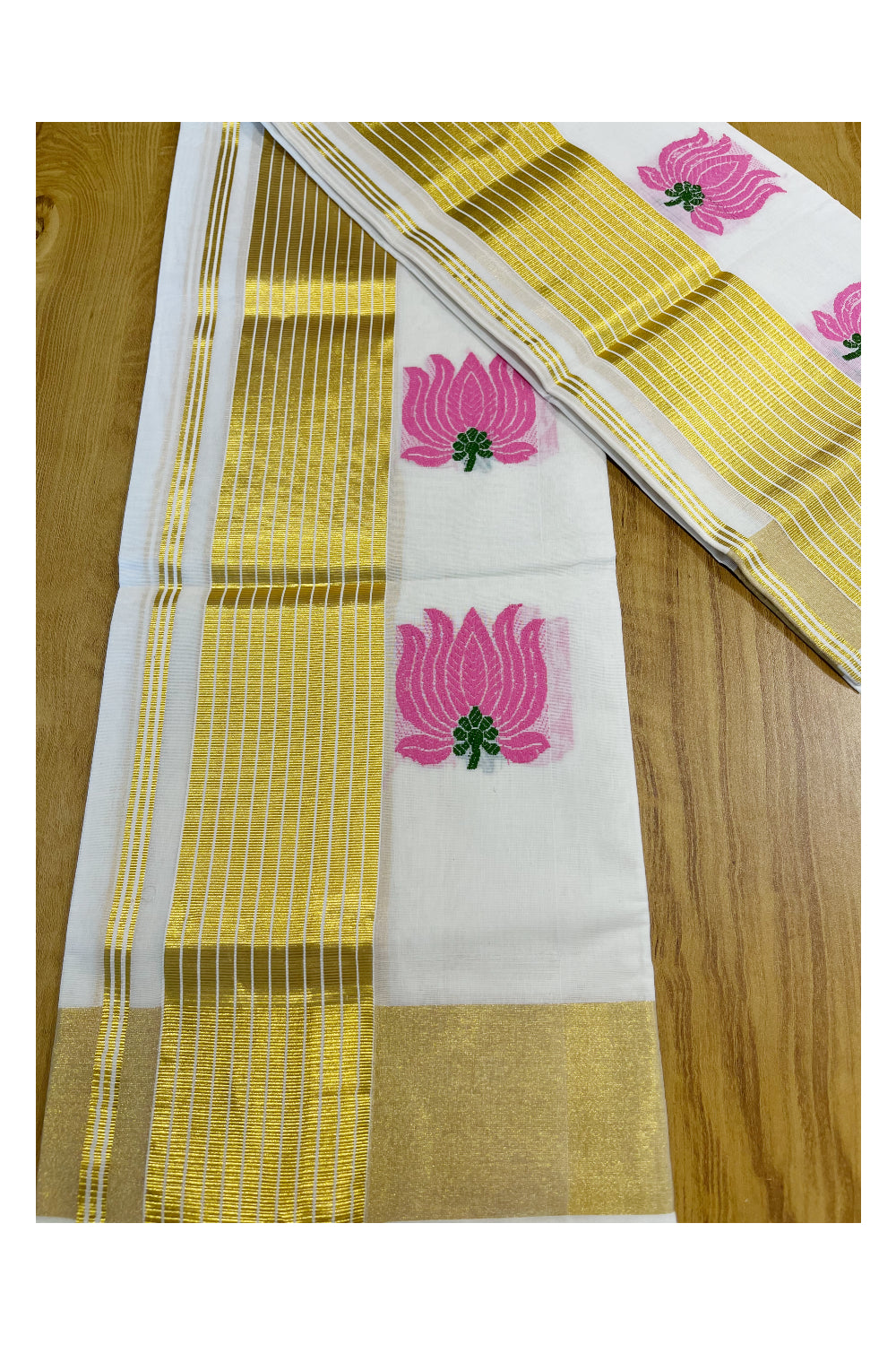 Southloom Handloom Premium Cotton Set Mundu With Kasavu Lines Pink Lotus Woven Patterns On Border (Mundum Neriyathum) 2.80 Mtrs