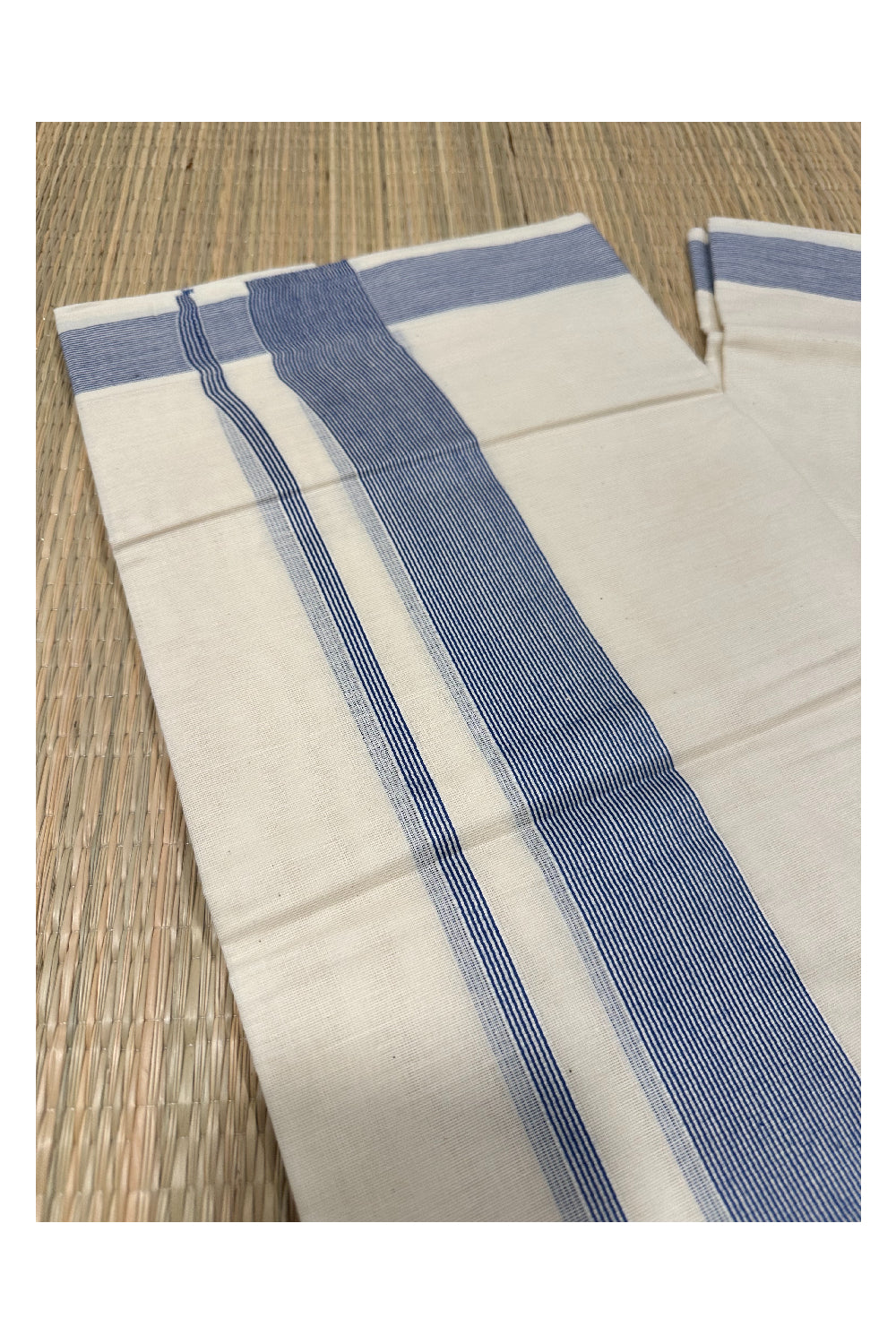 Off White Kerala Double Mundu with Blue Kara (South Indian Kerala Dhoti)