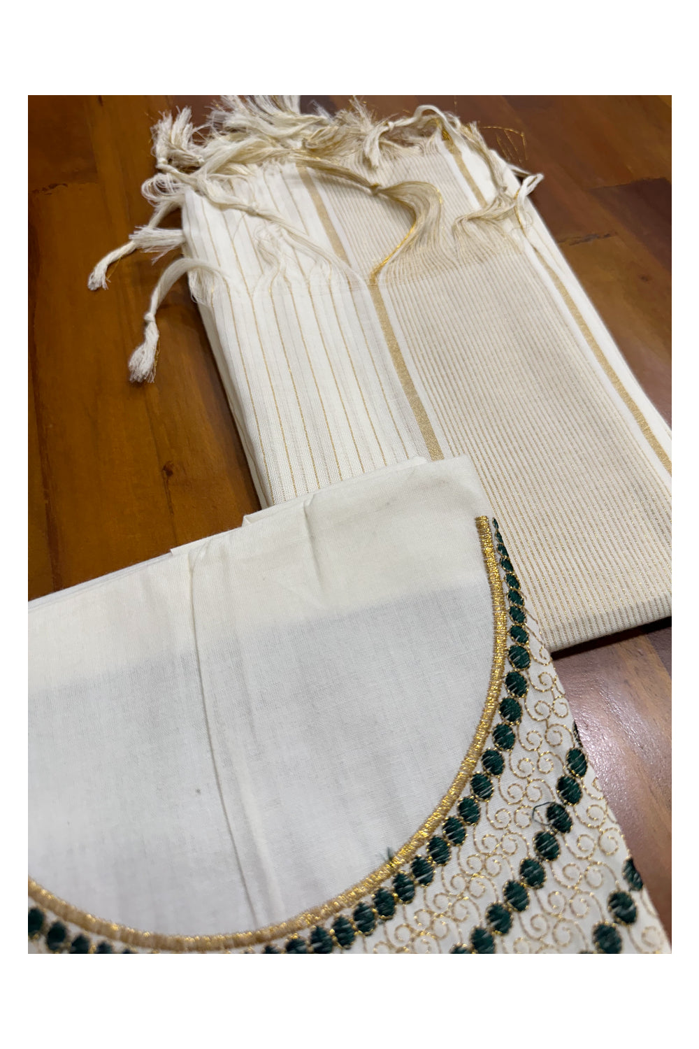 Southloom™ Cotton Churidar Salwar Suit Material in Off White with Green Embroidery Work