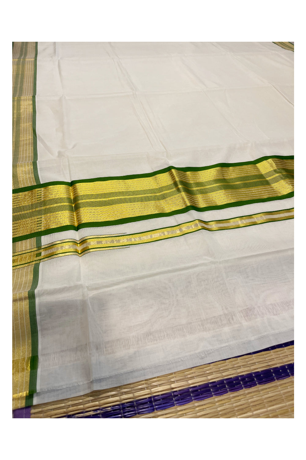 Southloom Premium Handloom Cotton Saree with Kasavu and Green Border