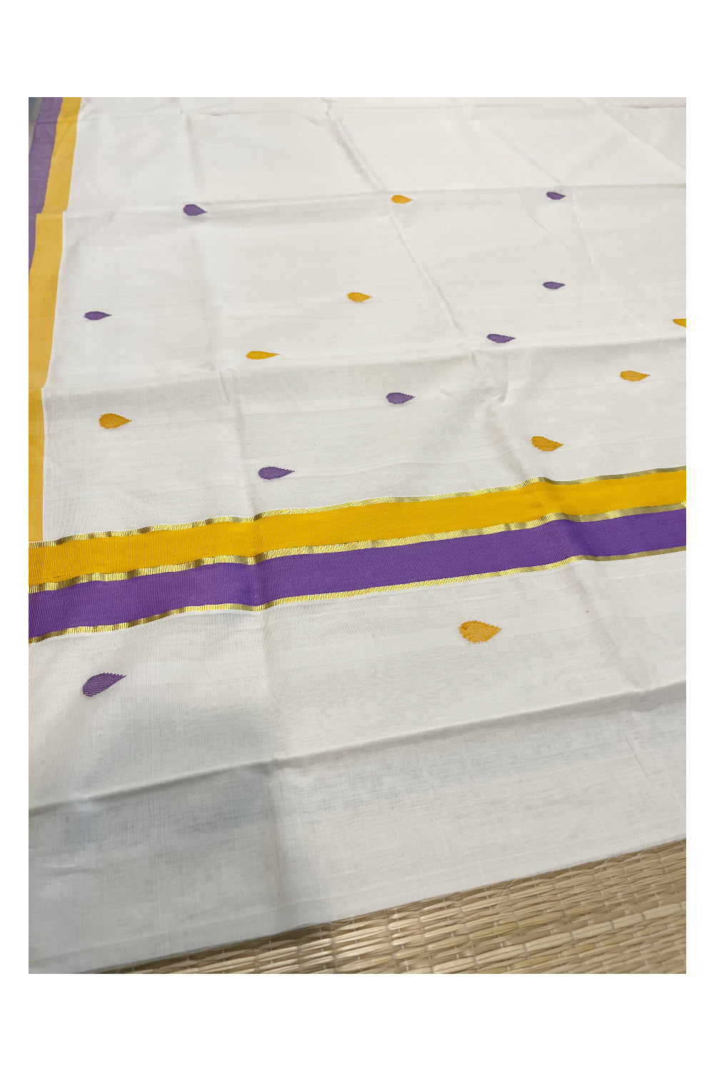 Southloom Premium Balaramapuram Unakkupaavu Handloom Cotton Butta Saree with Yellow,Lavender and Kasavu Border