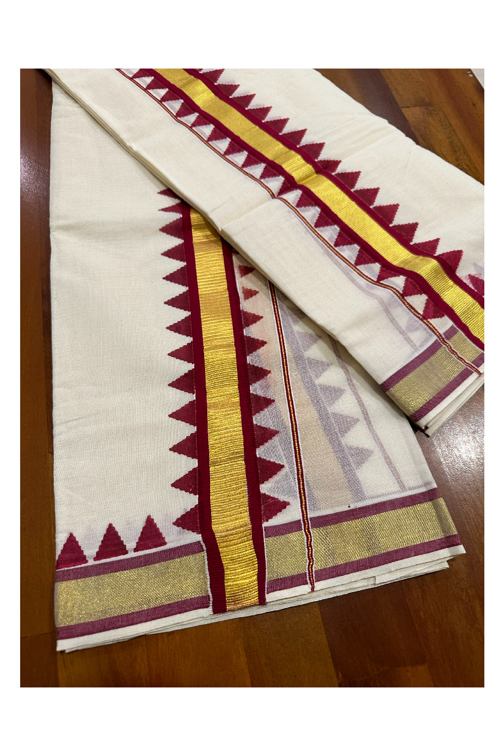 Cotton Kasavu Single Set Mundu (Mundu Neriyathum) with Maroon Temple Block Prints on Border 2.80 Mtrs (Onam Set Mundu 2023)