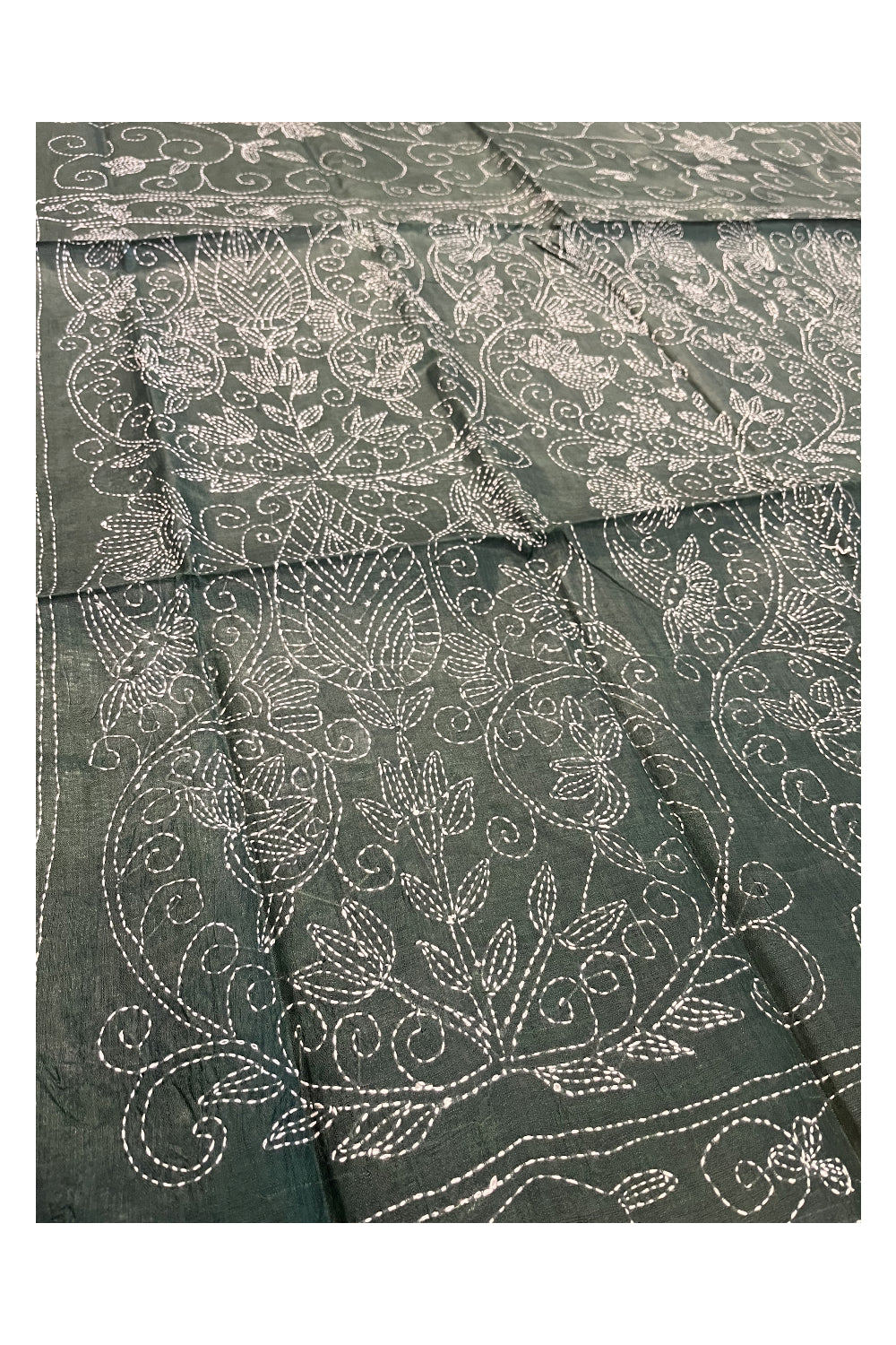 Southloom Kantha Thread Work Designer Green Saree