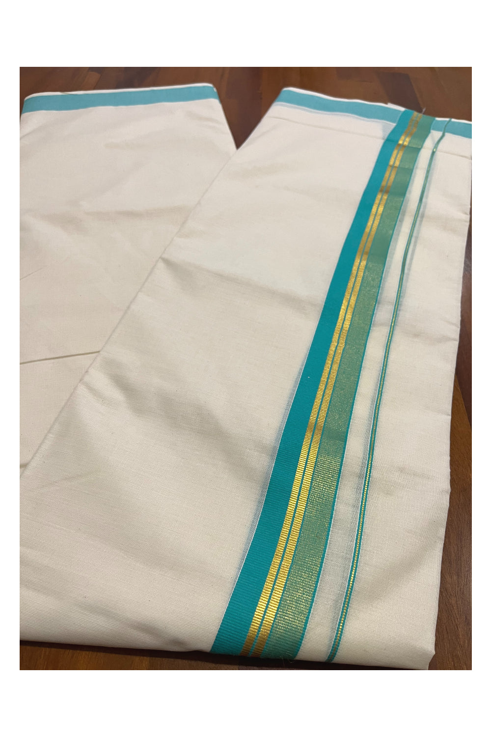 Pure Cotton Kerala Double Mundu with Turquoise and Kasavu Kara (South Indian Kerala Dhoti)