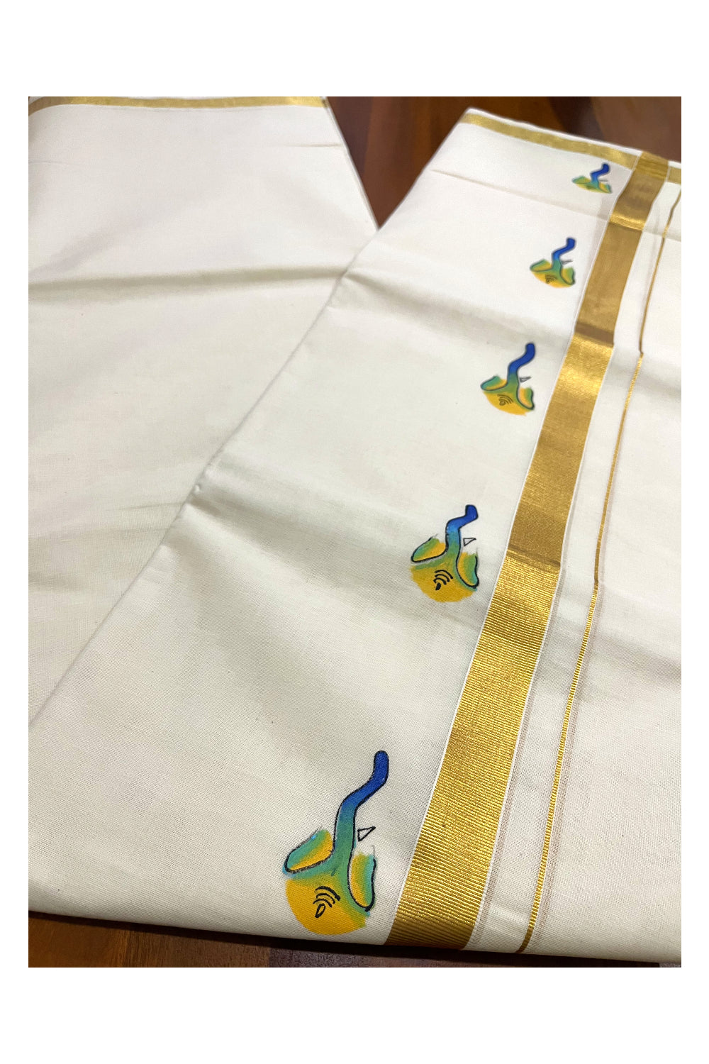 Pure Cotton Kasavu Mundu with Mural Hand Painted Border (Onam Mundu 2023)