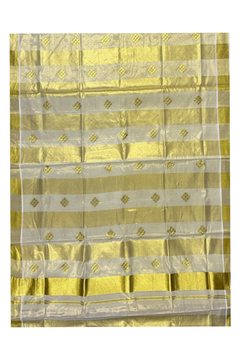 Kerala Tissue Kasavu Stripes Saree with Golden Embroidery Designs on Body and Pallu