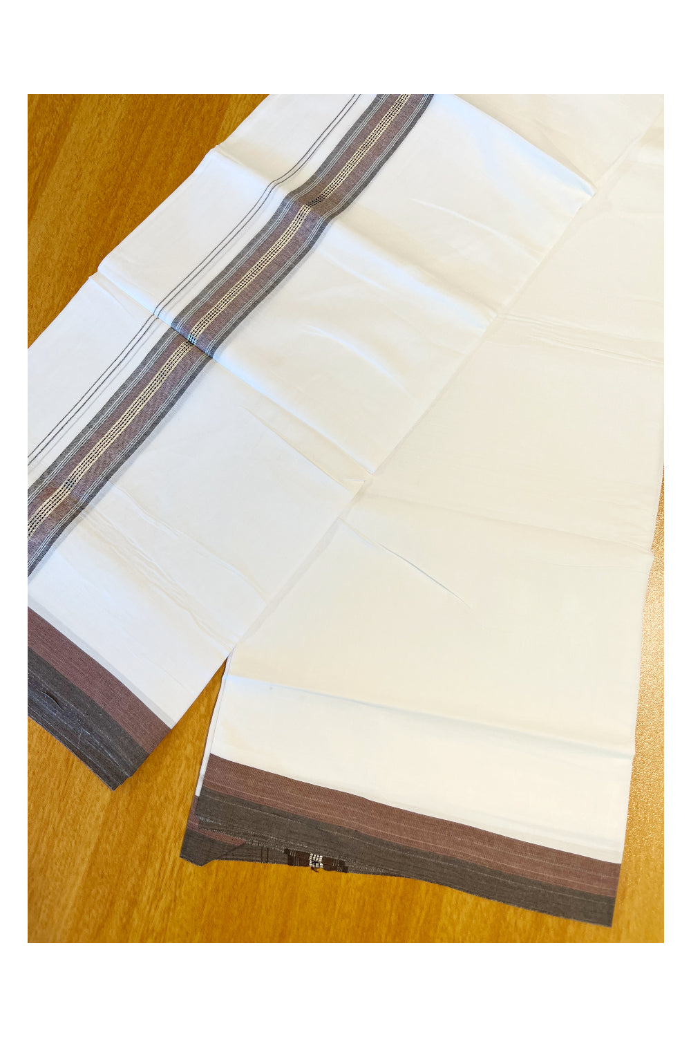 Pure White Cotton Double Mundu with Silver Black And Brown Border (South Indian Dhoti)