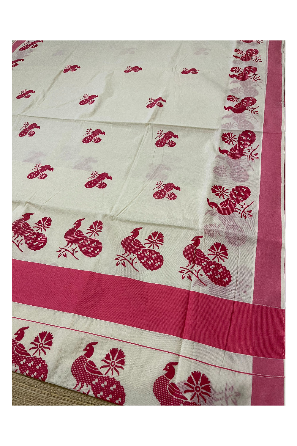 Pure Cotton Kerala Saree with Pink Peacock Block Printed Border (Onam Saree 2023)