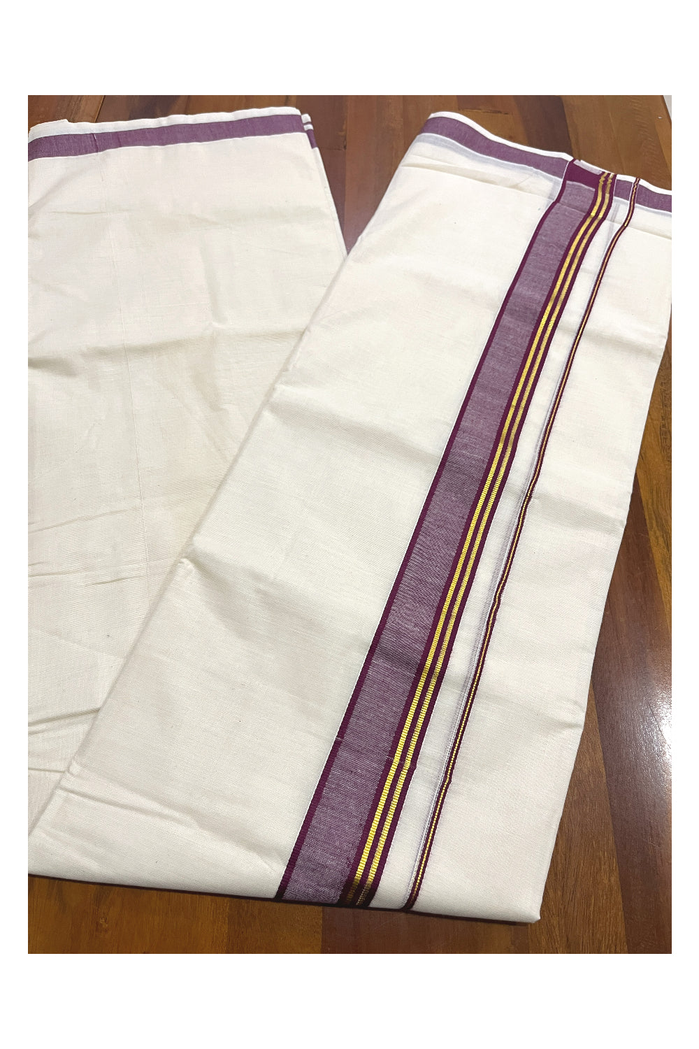 Pure Cotton Kerala Double Mundu with Kasavu and Maroon Kara (South Indian Kerala Dhoti)